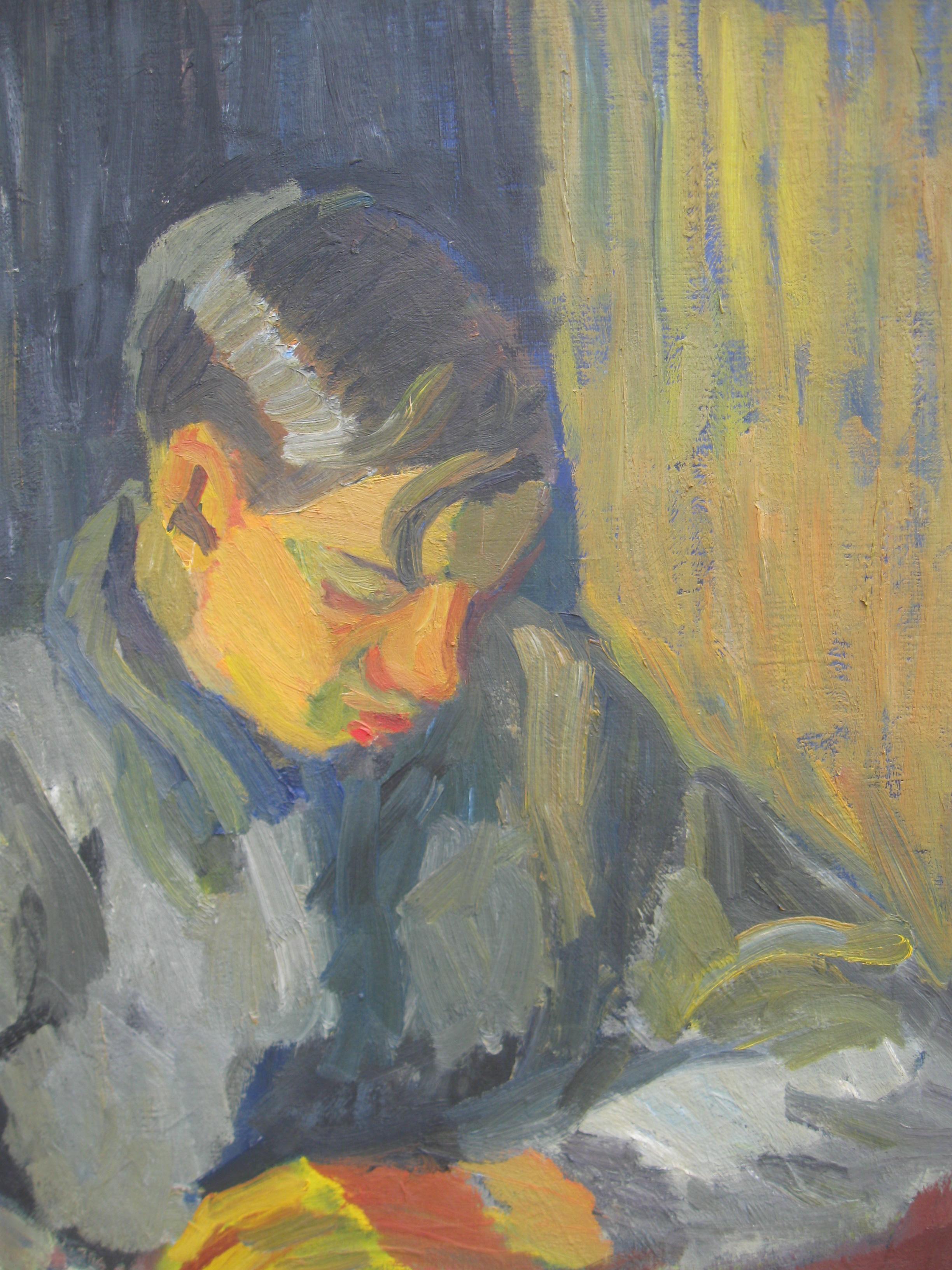 Early 20thC Expressionist/ Modernist Portrait of a Young Man Reading oil c1930 (Expressionismus), Painting, von Unknown