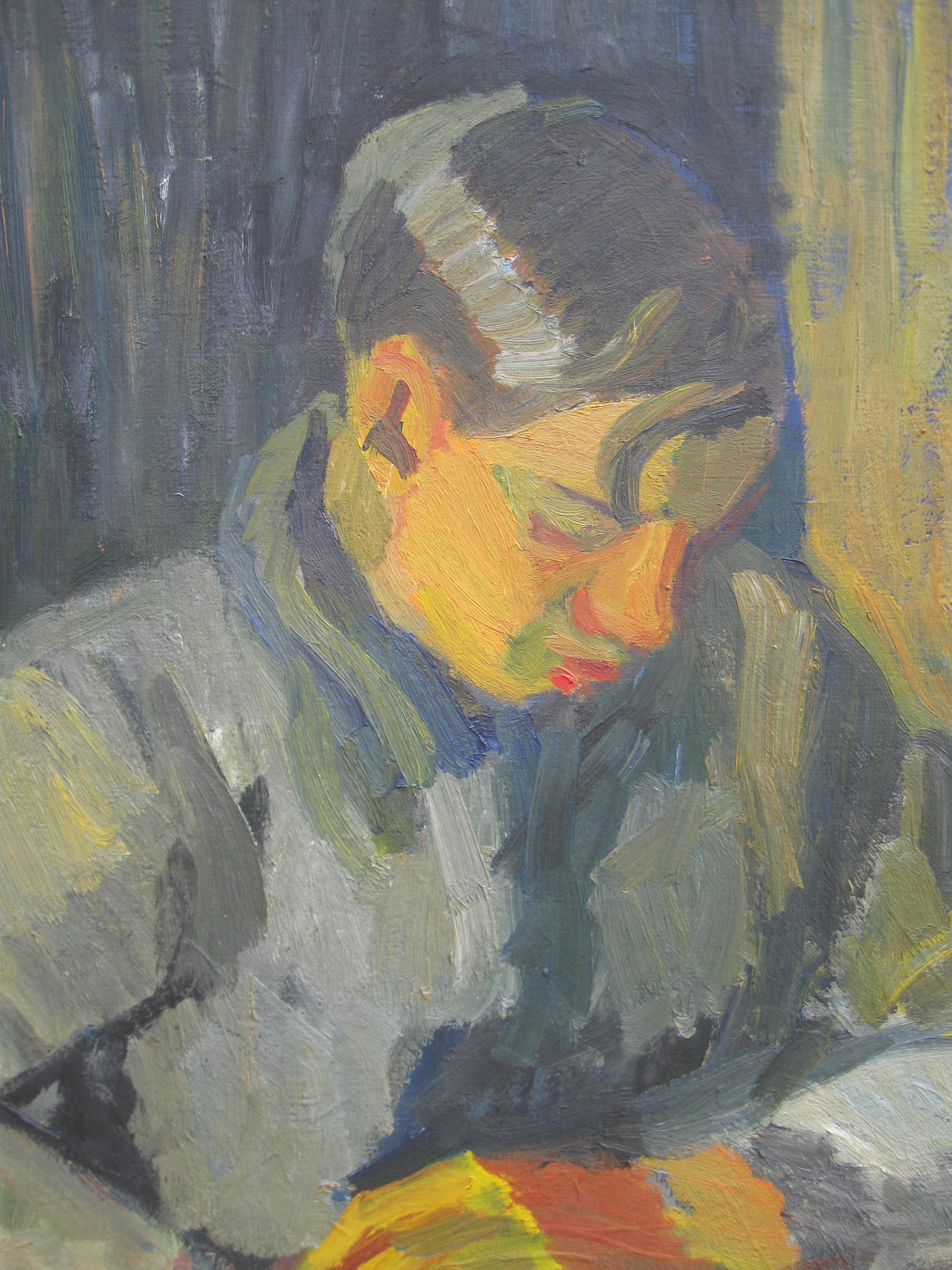 Early 20thC Expressionist/ Modernist Portrait of a Young Man Reading oil c1930 (Grau), Portrait Painting, von Unknown