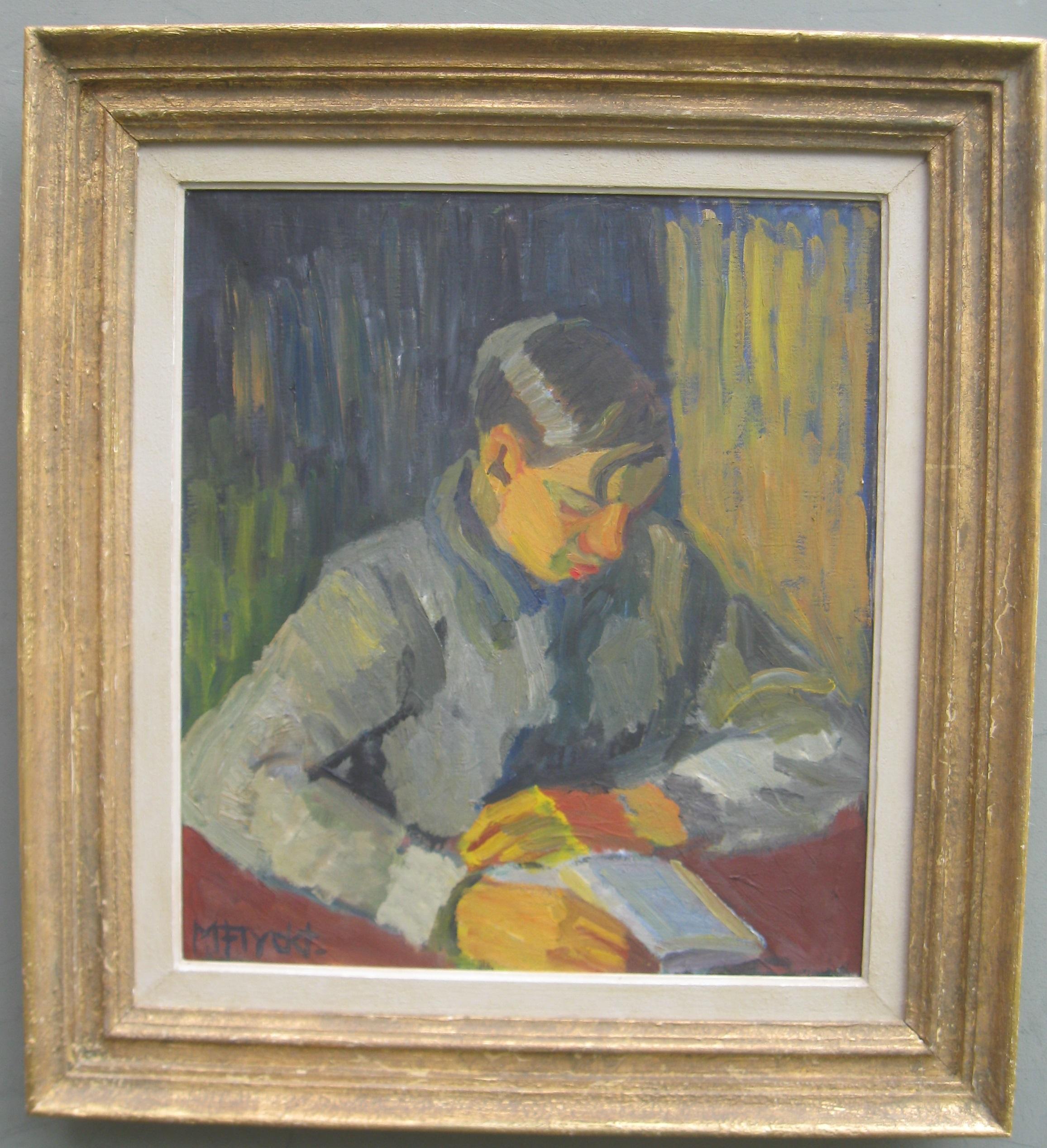 Unknown Portrait Painting – Early 20thC Expressionist/ Modernist Portrait of a Young Man Reading oil c1930