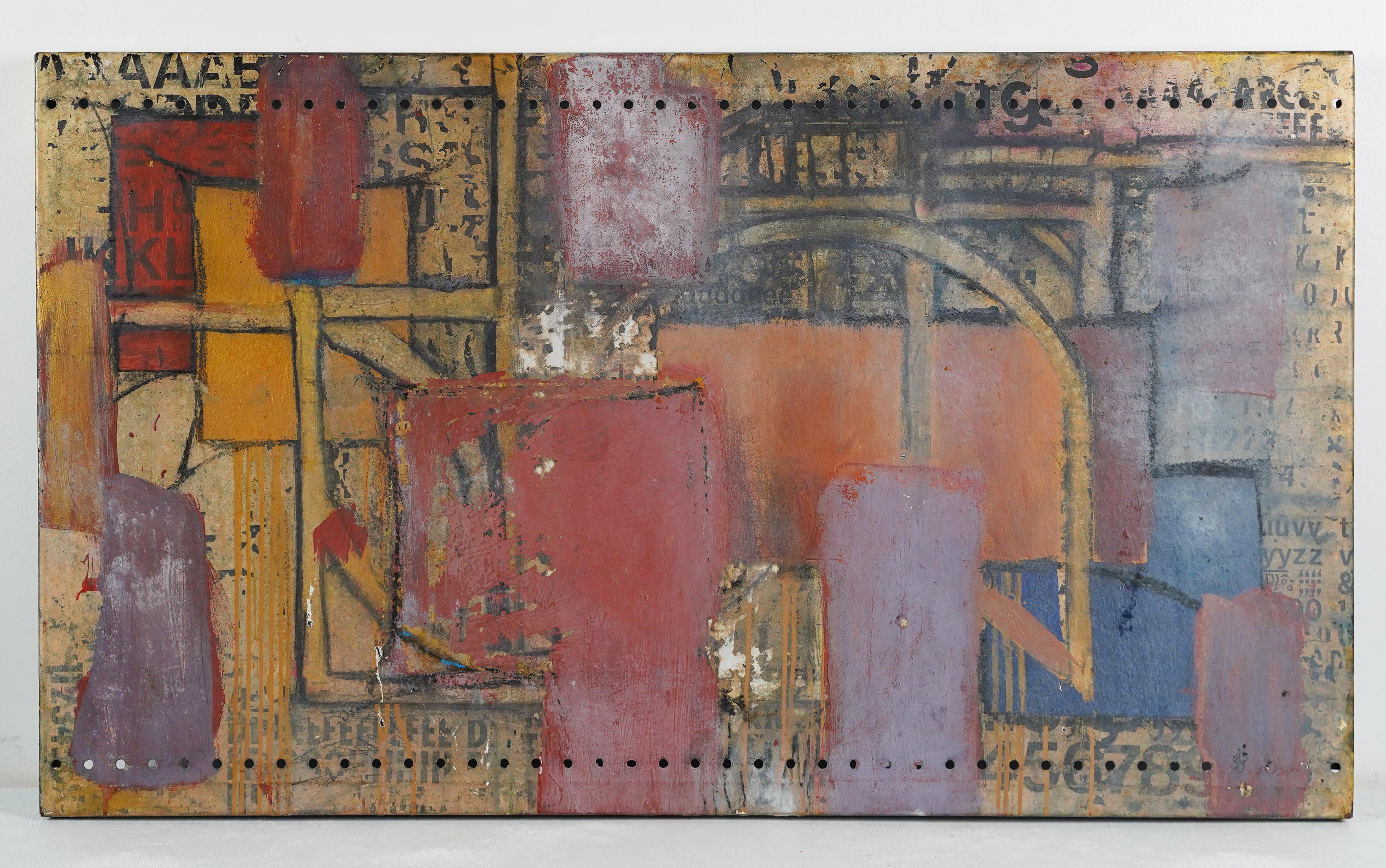Interesting mid century modern abstract painting.  Oil on metal.  Unsigned.  Image size, 41L x 24H
