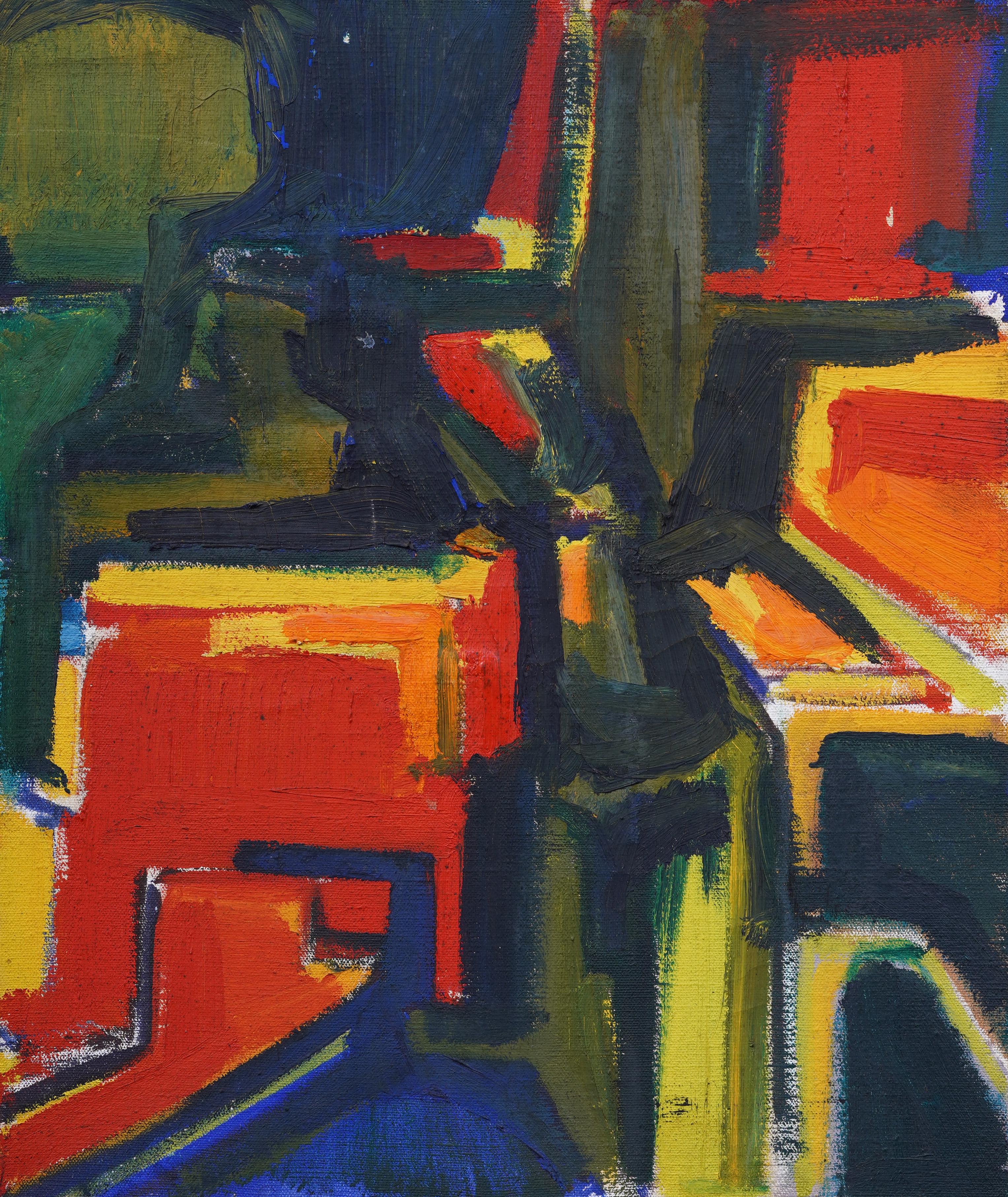 Pittura ad olio del primo modernismo americano, espressionista astratto, incorniciata, della metà del secolo scorso - Painting Astratto di Unknown