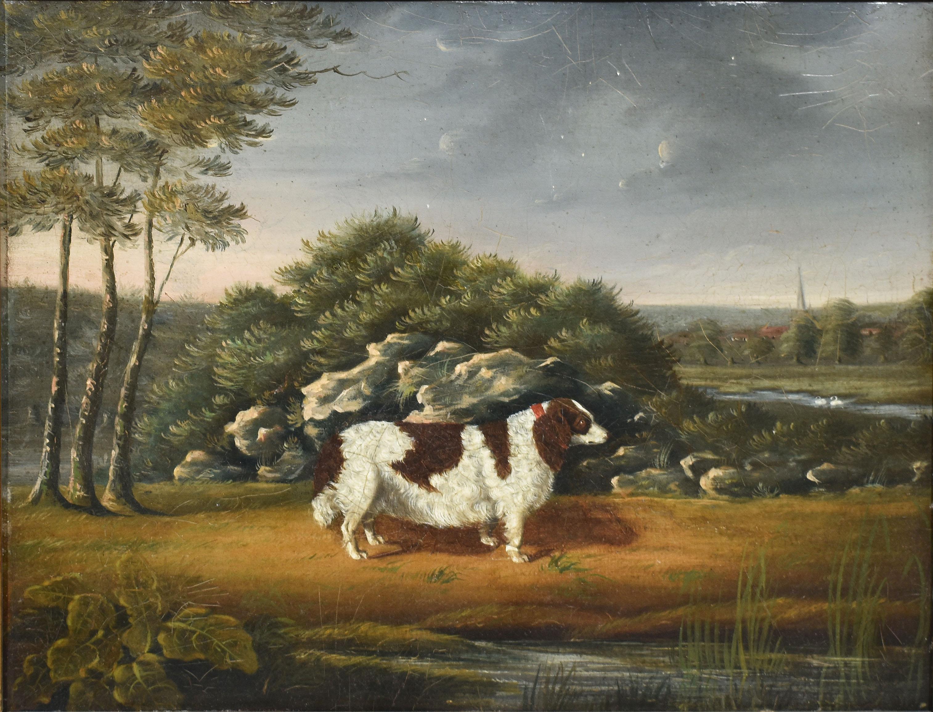 Early American School Folk Art Dog Portrait & Landscape Painting, Hancock 1826 - Black Animal Painting by Unknown