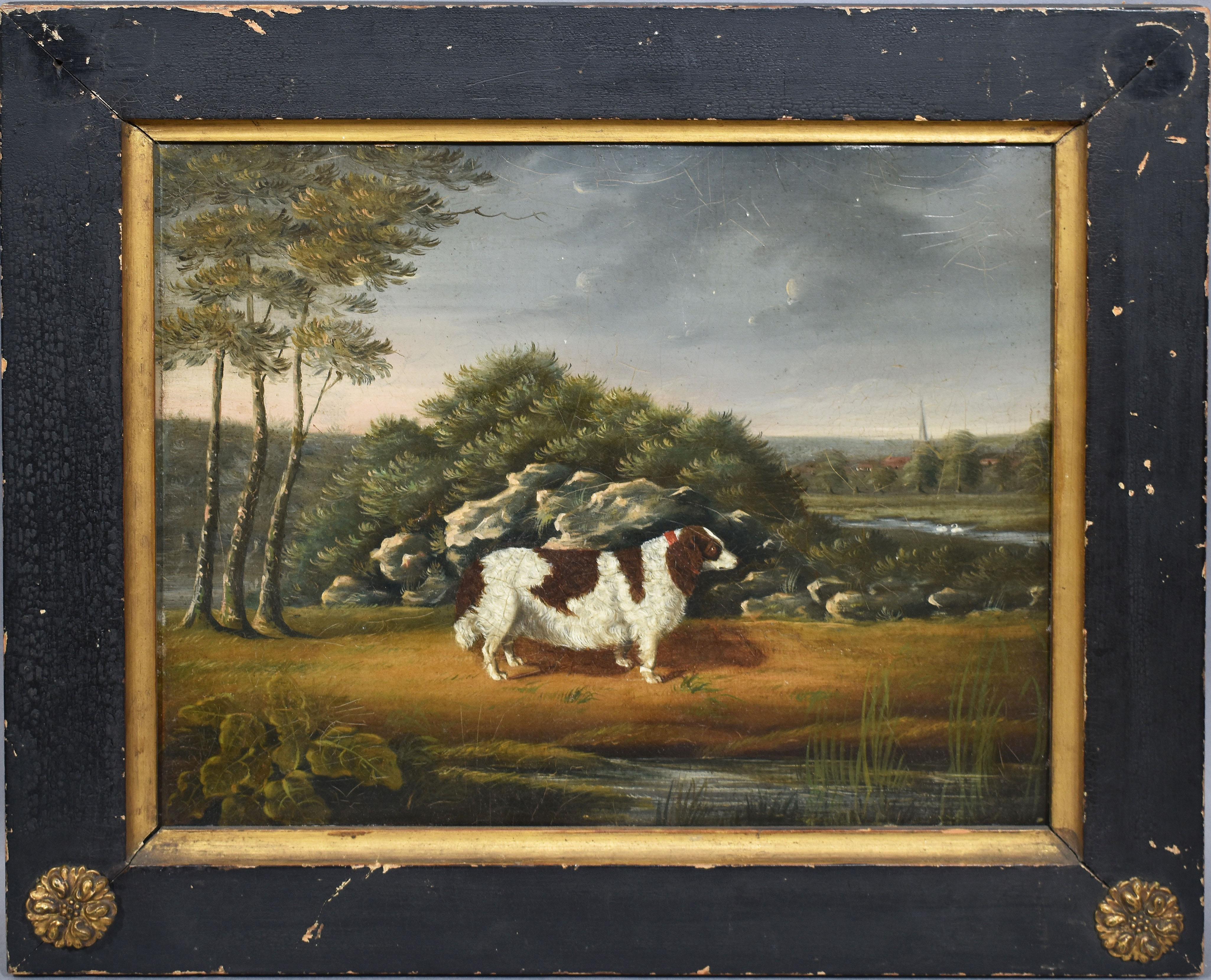 Unknown Animal Painting - Early American School Folk Art Dog Portrait & Landscape Painting, Hancock 1826