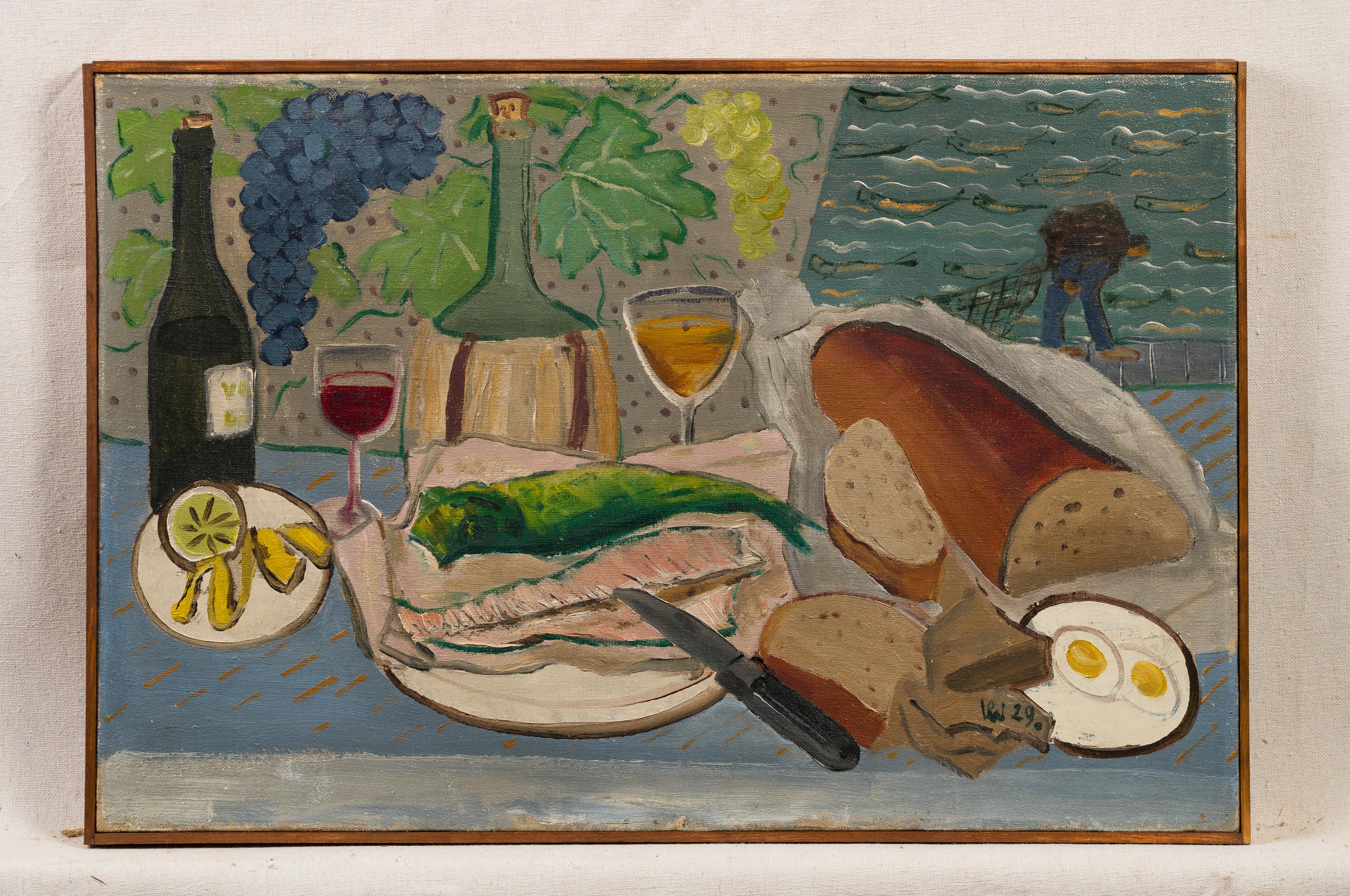 Early American School Modernist Seaside Wine Still Life Framed Oil Painting For Sale 1