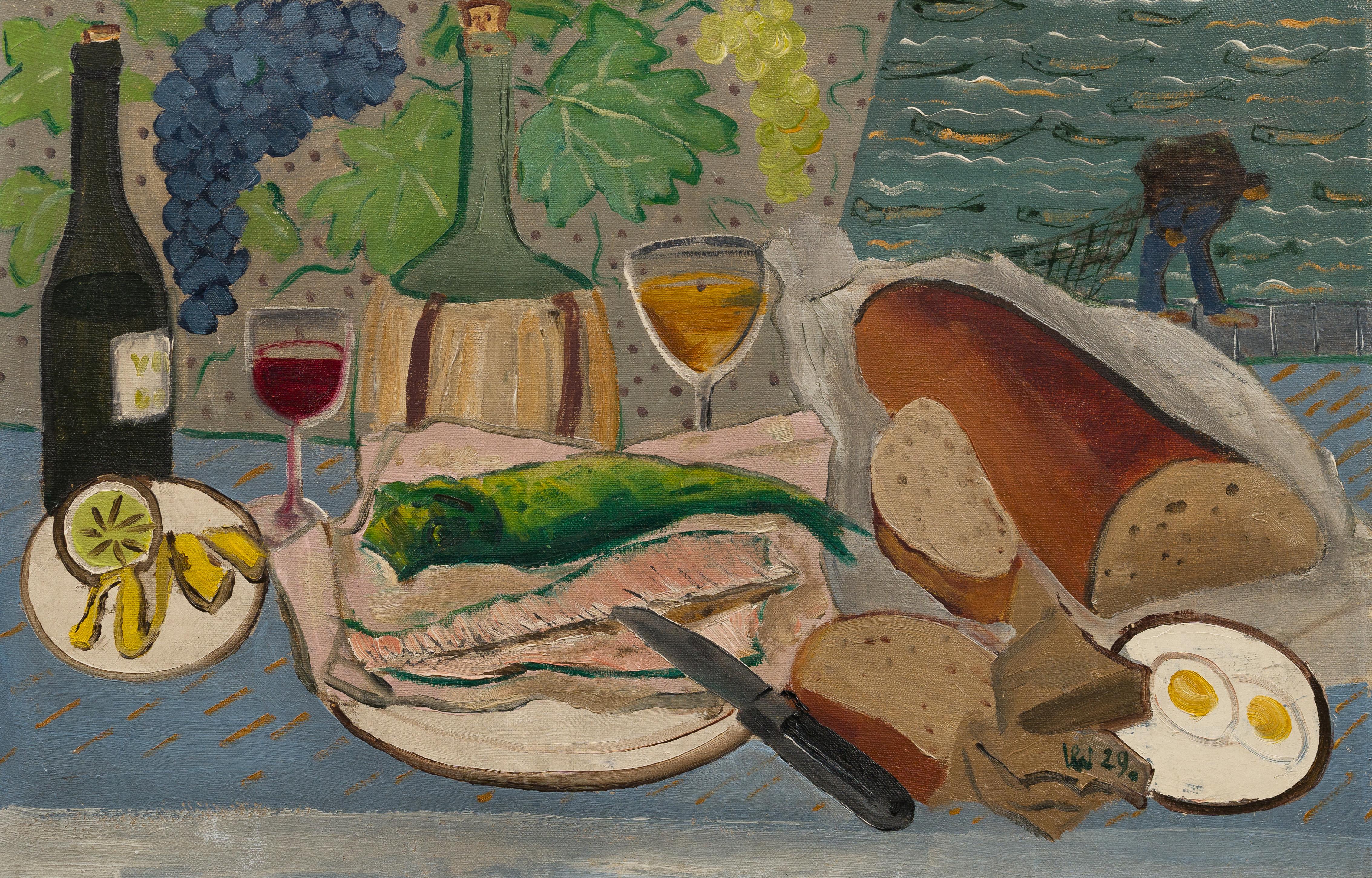 Early American School Modernist Seaside Wine Still Life Framed Oil Painting For Sale 2