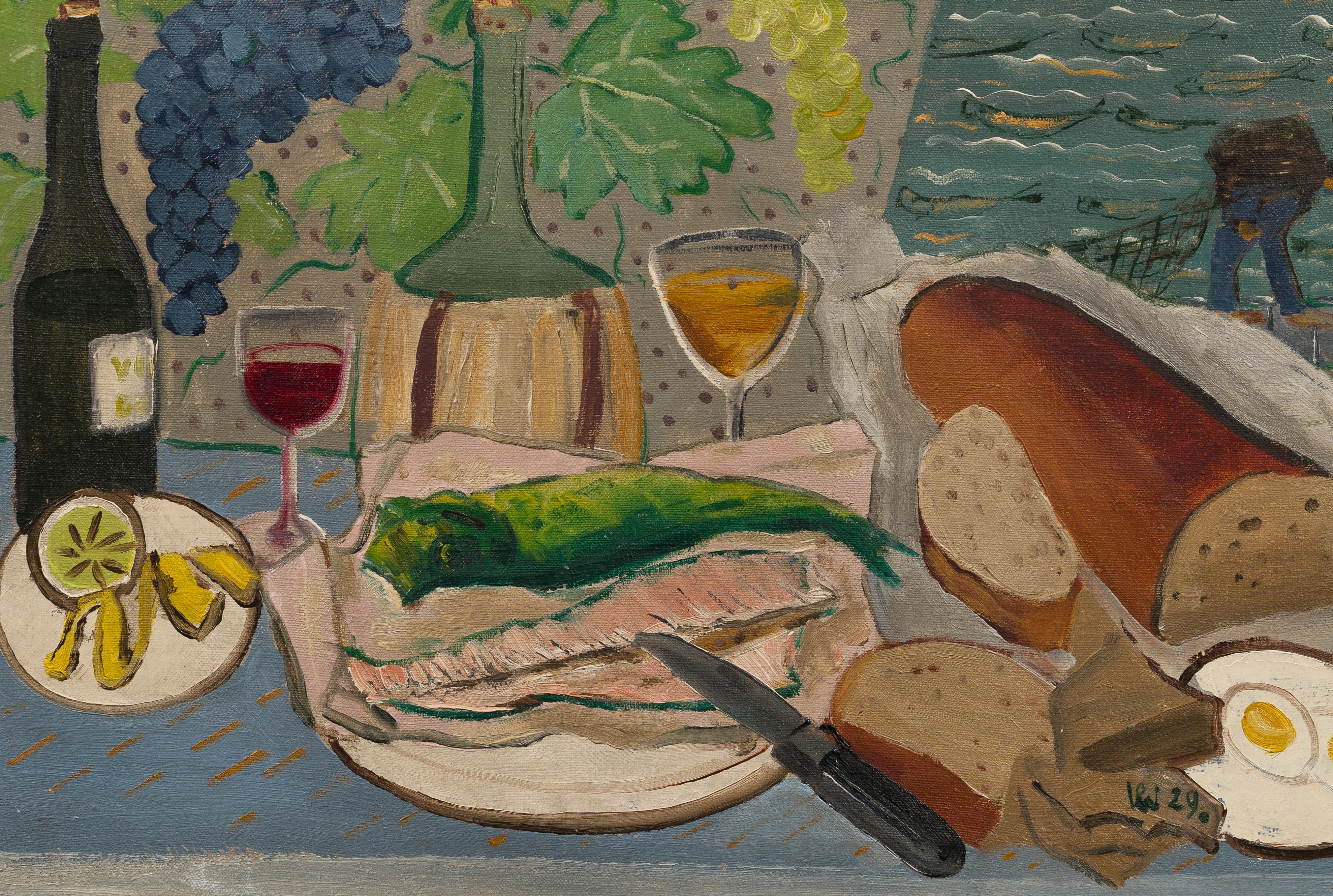 Early American School Modernist Seaside Wine Still Life Framed Oil Painting For Sale 3