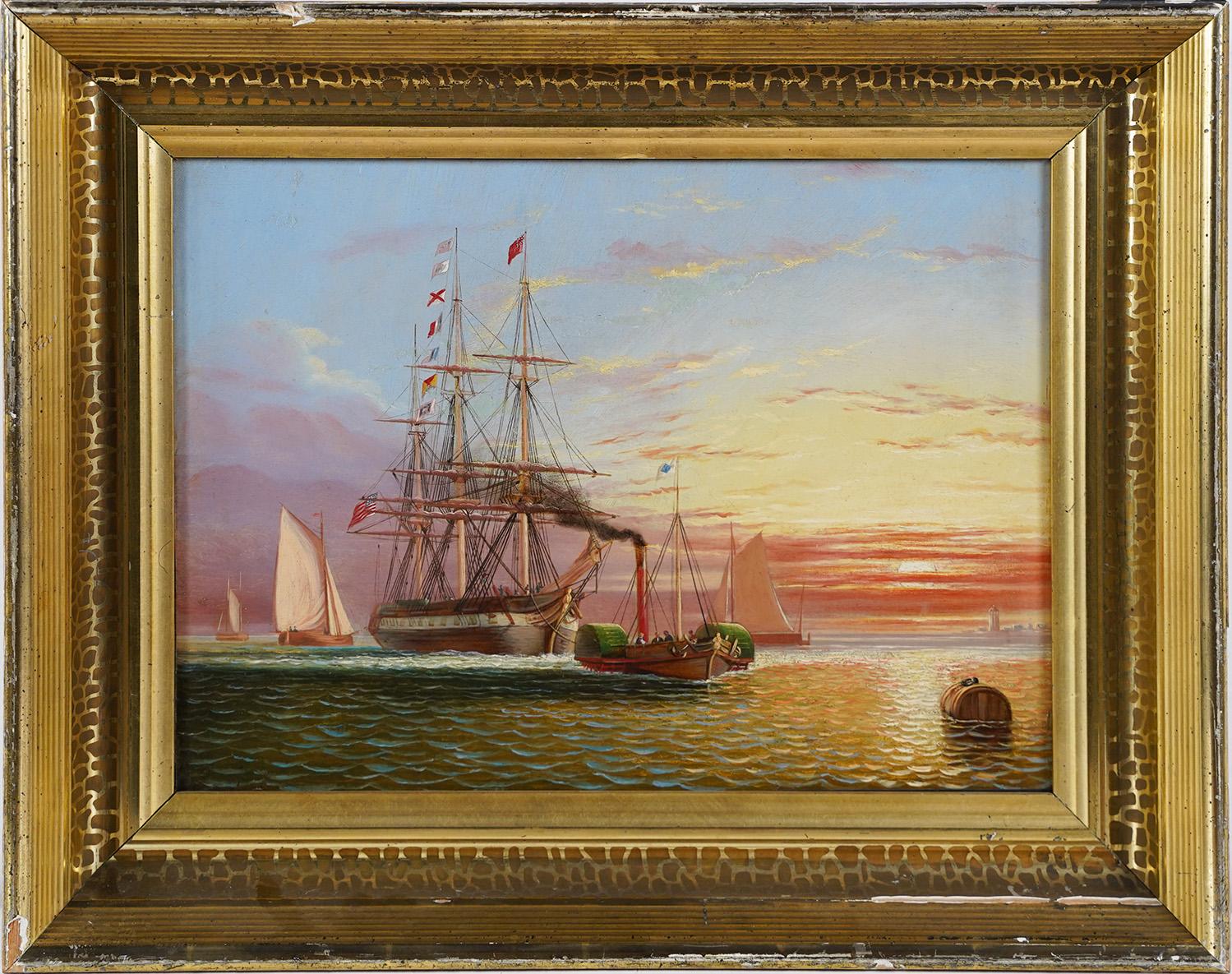 Peinture à l'huile ancienne de voilier de coucher de soleil en Nouvelle-Angleterre de l'école américaine, début de l'ère navale - Painting de Unknown