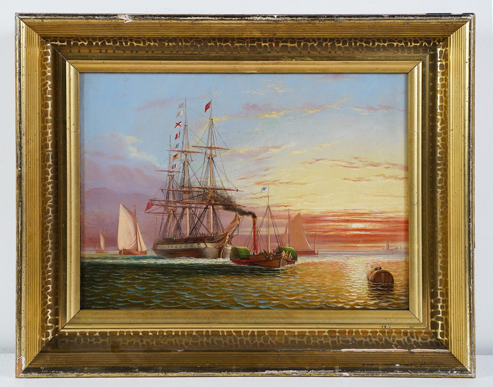 Peinture à l'huile ancienne de voilier de coucher de soleil en Nouvelle-Angleterre de l'école américaine, début de l'ère navale - Hudson River School Painting par Unknown