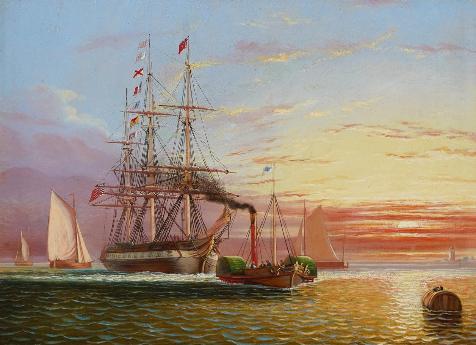 Peinture à l'huile ancienne de voilier de coucher de soleil en Nouvelle-Angleterre de l'école américaine, début de l'ère navale - Marron Landscape Painting par Unknown