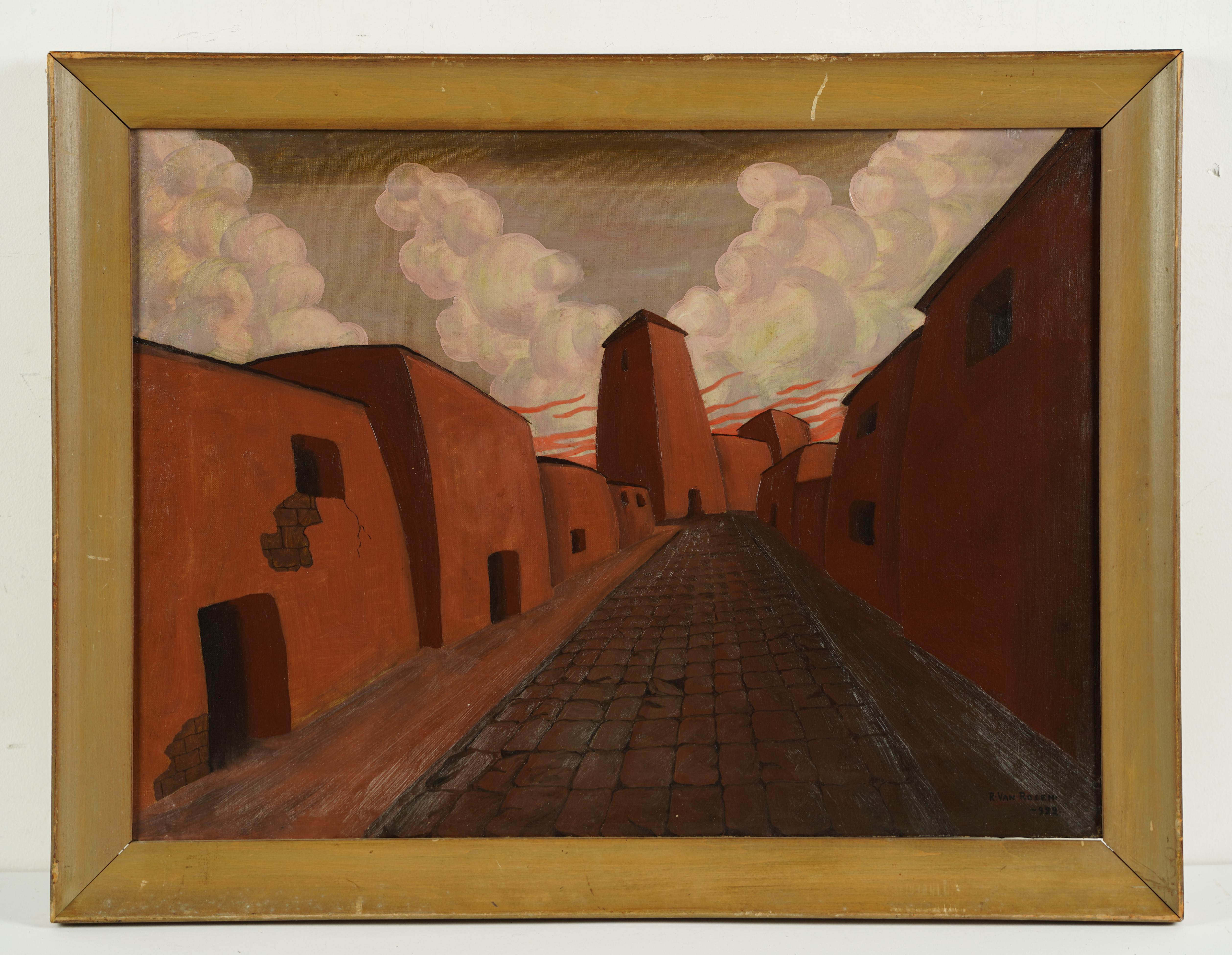 Early Antique American School Signed Framed Surreal Street Scene Oil Painting - Brown Landscape Painting by Unknown