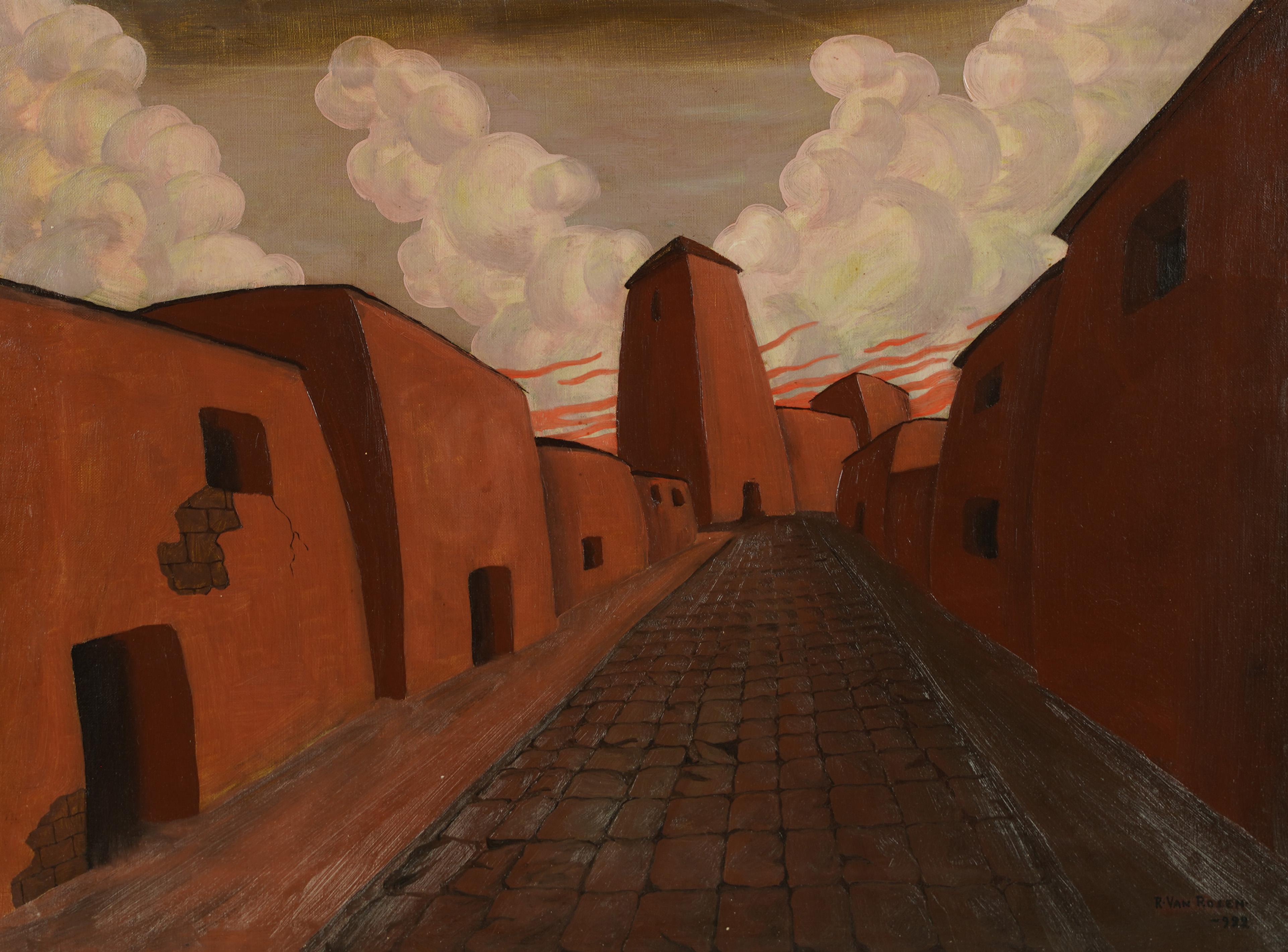 Antique American signed modernist street scene oil painting.  Oil on canvas.  Signed.  Framed.  Image size, 26L x 19H.