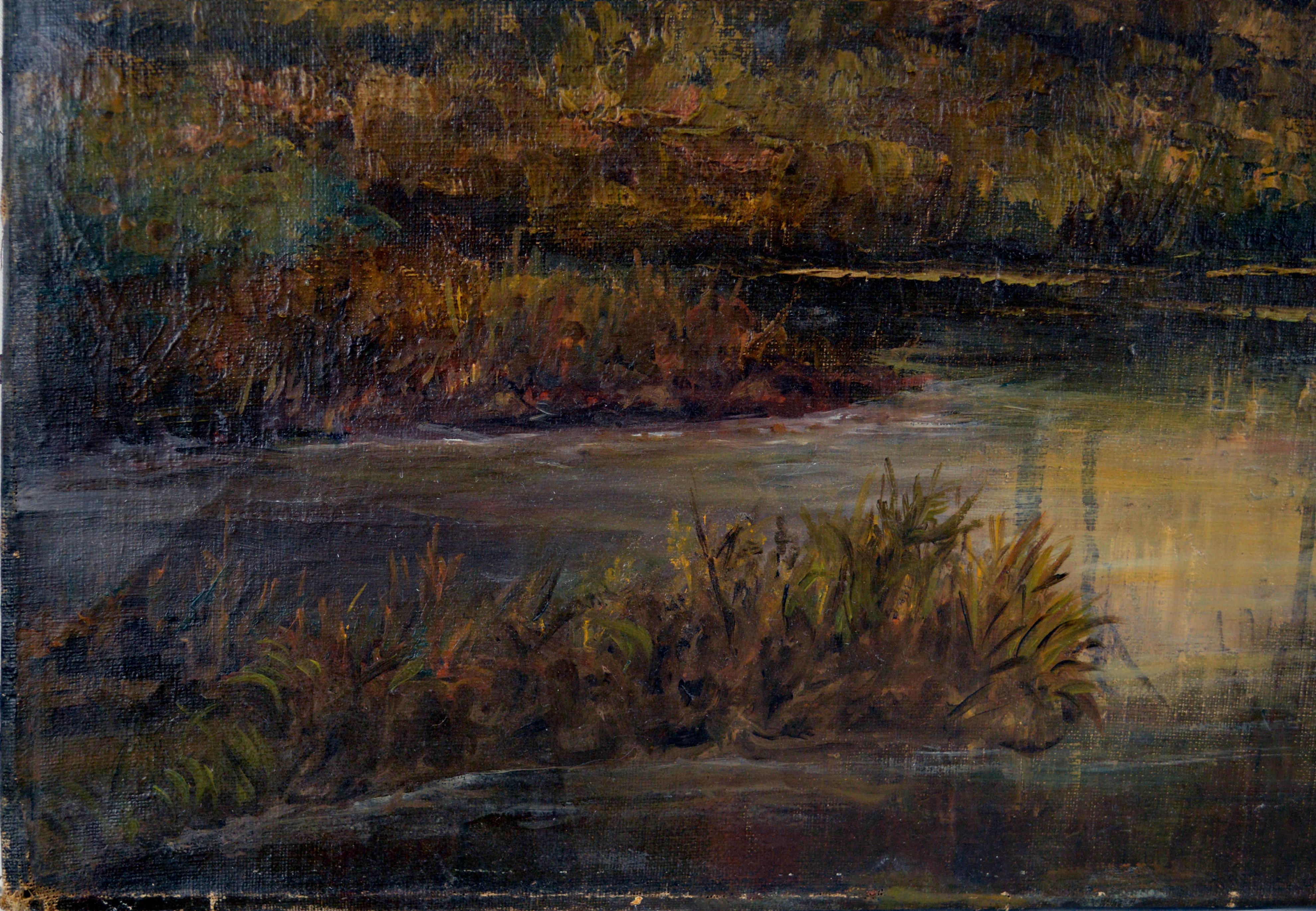 Pittura tonalista californiana di un lago che guarda verso il monte Tamalpais 1900
Paesaggio tonalista ben eseguito della California settentrionale vicino al monte Tamalpais. Sconosciuto ma abile pittore nello stile della Scuola del Tonalismo.
