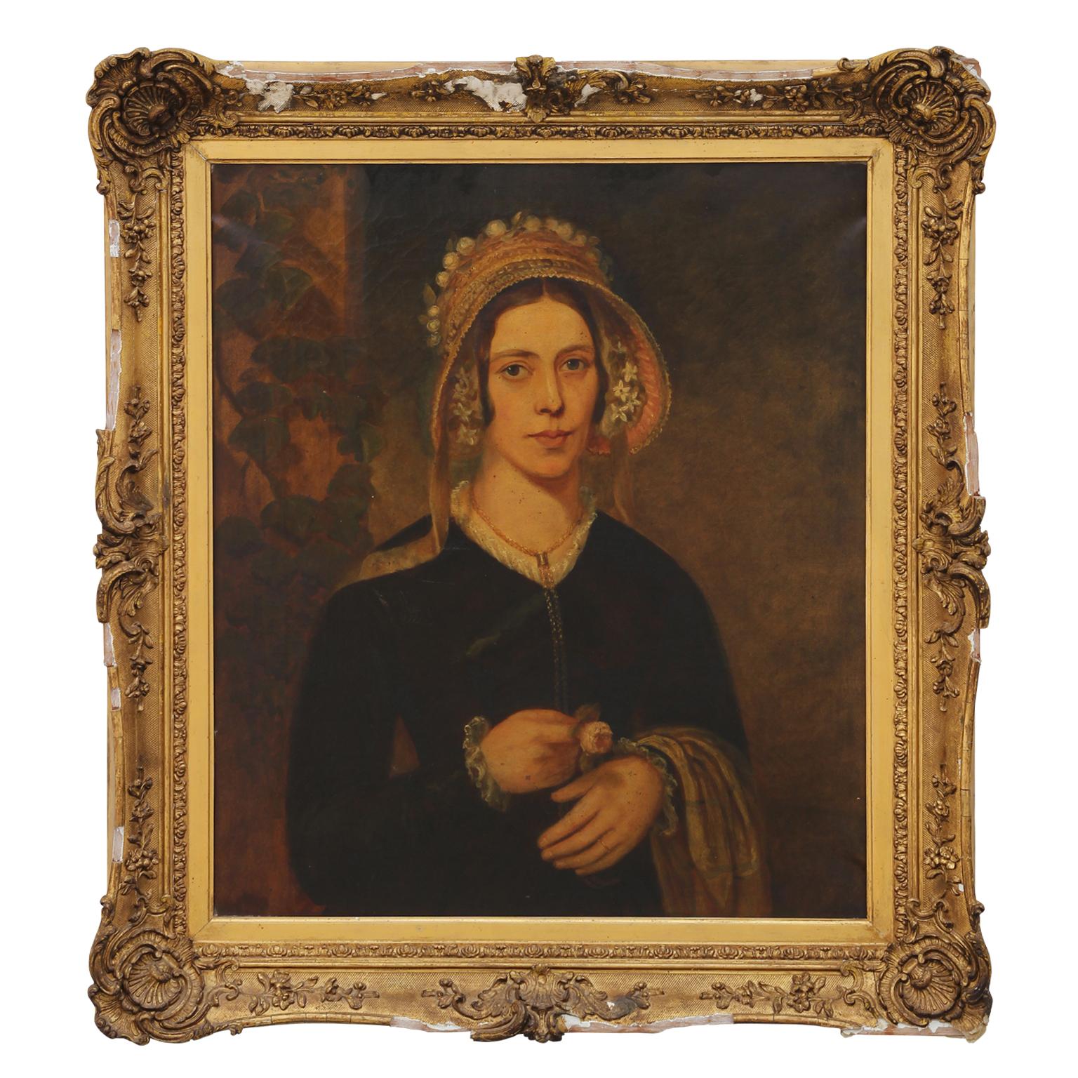 Unknown Figurative Painting - Early European Portrait Painting of a Young Woman
