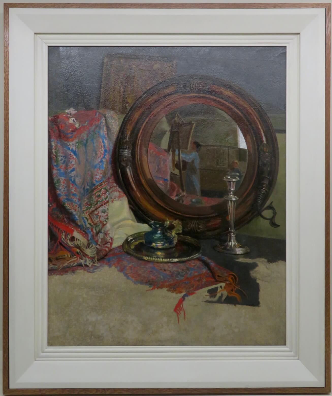 Pittura ad olio di scuola inglese del primo e del secondo Novecento Self-Portrait d'interni