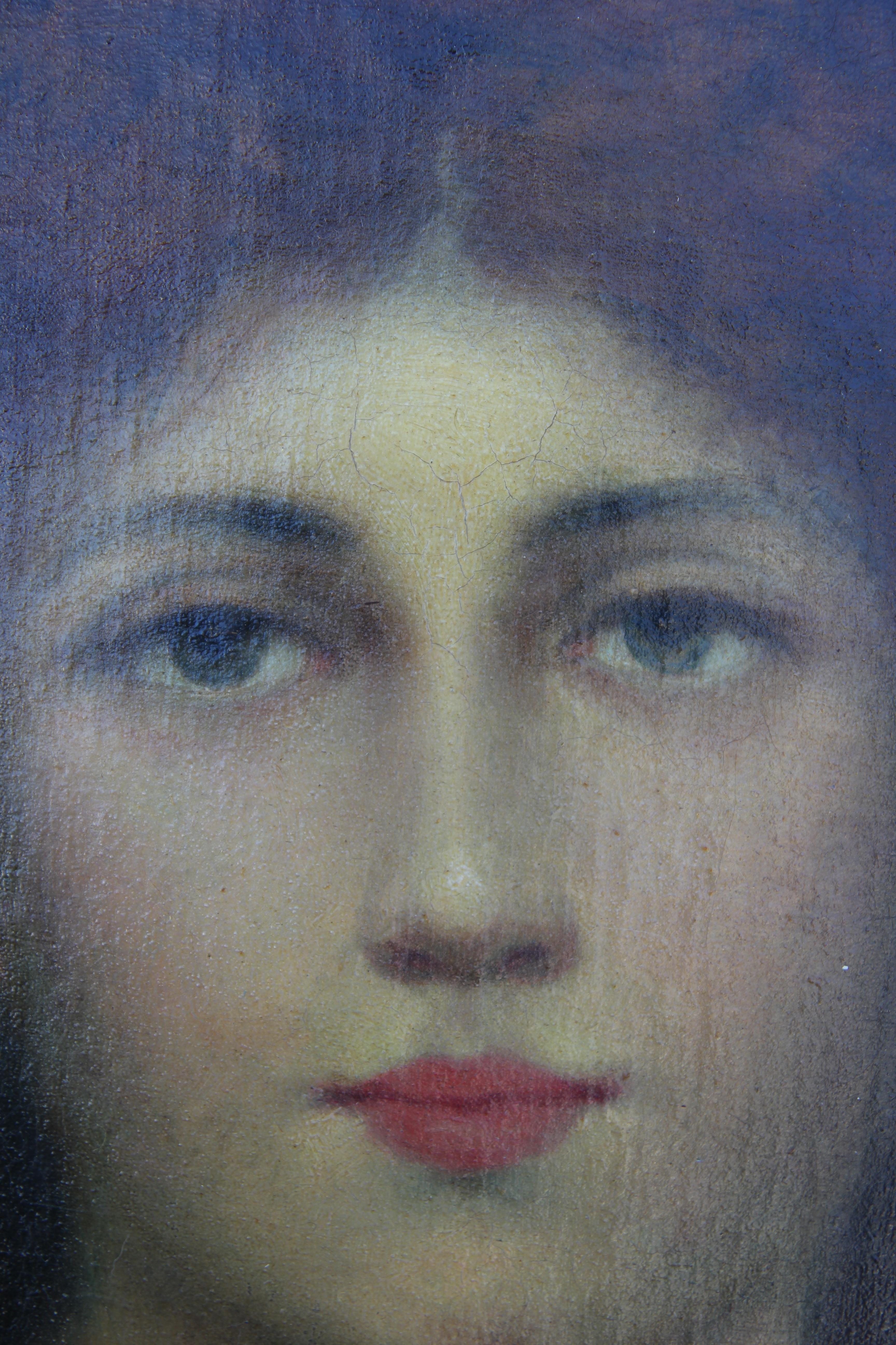 Élégante peinture de portrait d'une jeune femme aux cheveux roux. Le tableau est encadré dans un cadre décoratif doré avec une lumière fixée sur le dessus. L'œuvre est signée par l'artiste dans le coin inférieur.
Dimensions sans cadre : H 23 in x L