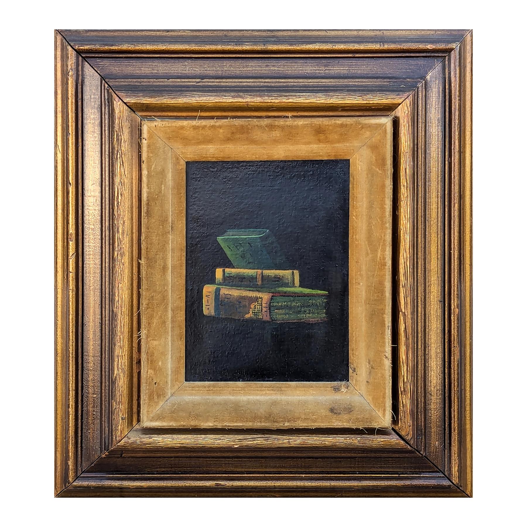 Early Realistic Still Life Painting of Stack of Books Against a Black Background - Brown Interior Painting by Unknown