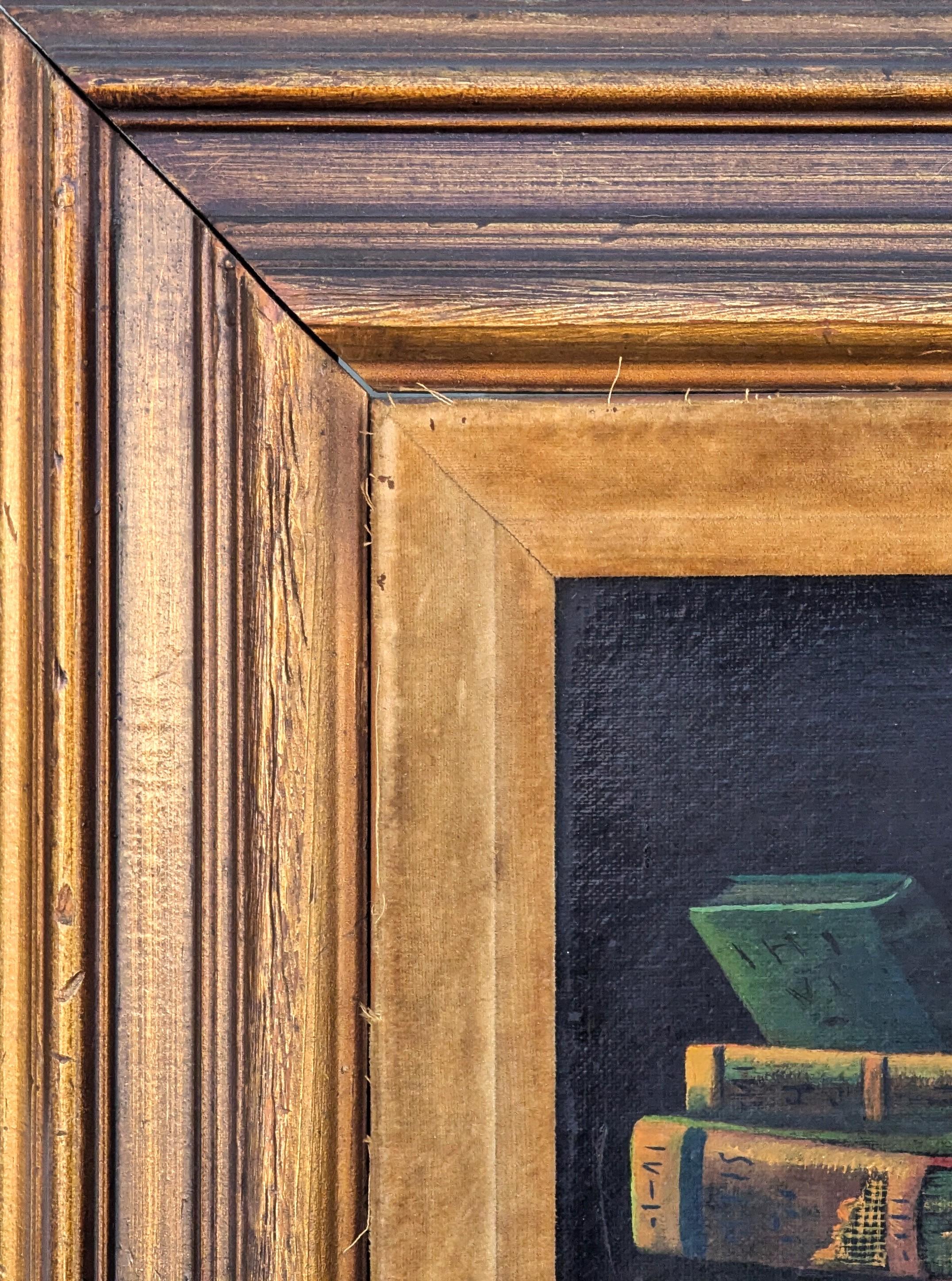 Early realist still life painting of a stack of books set against a black background. Signed Kaplan on the reverse. Currently hung in a wood frame with velvet matting. Would recommend replacing the velvet. 

Dimensions Without Frame: H 7.75 in. x W