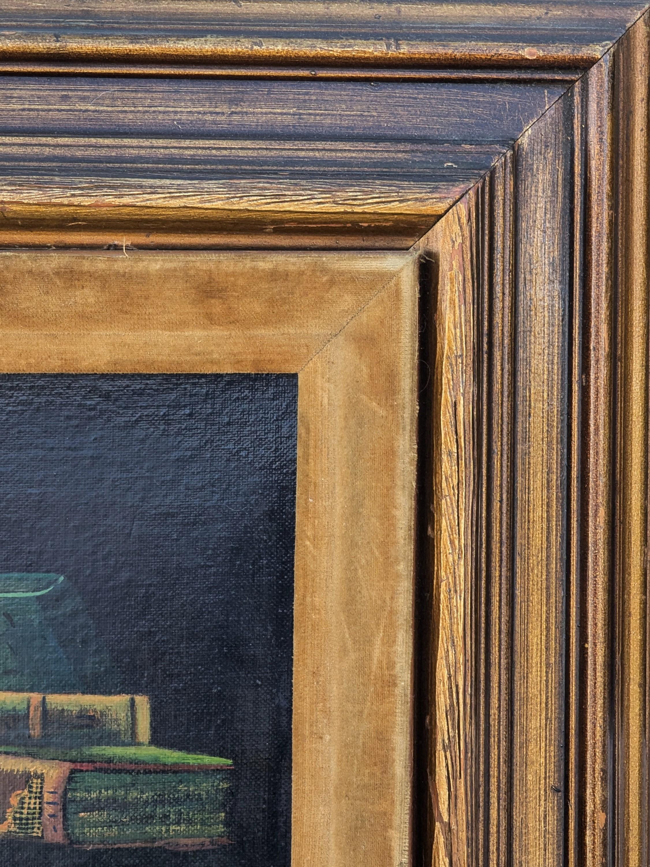 Early Realistic Still Life Painting of Stack of Books Against a Black Background For Sale 1