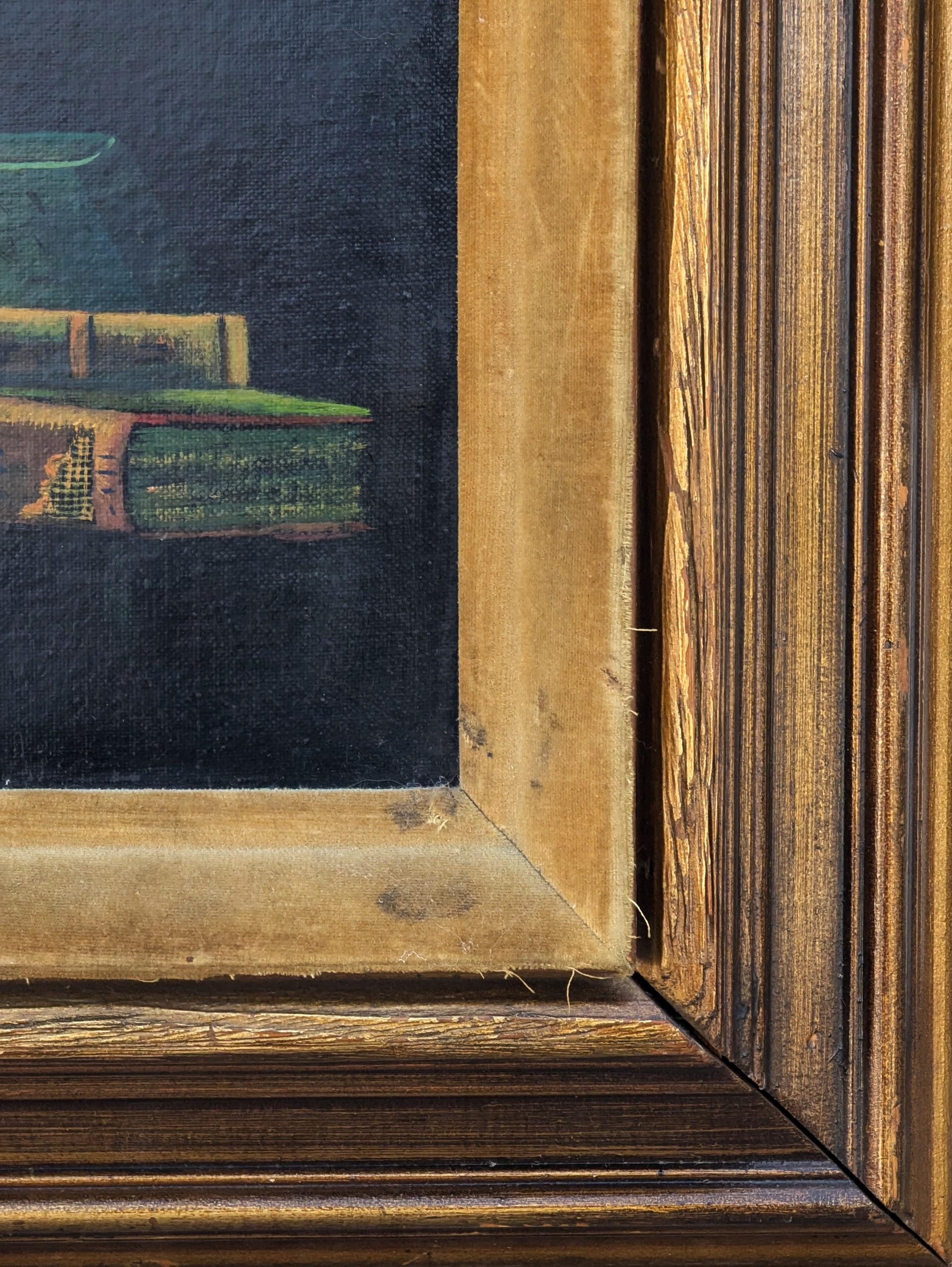 Early Realistic Still Life Painting of Stack of Books Against a Black Background For Sale 2