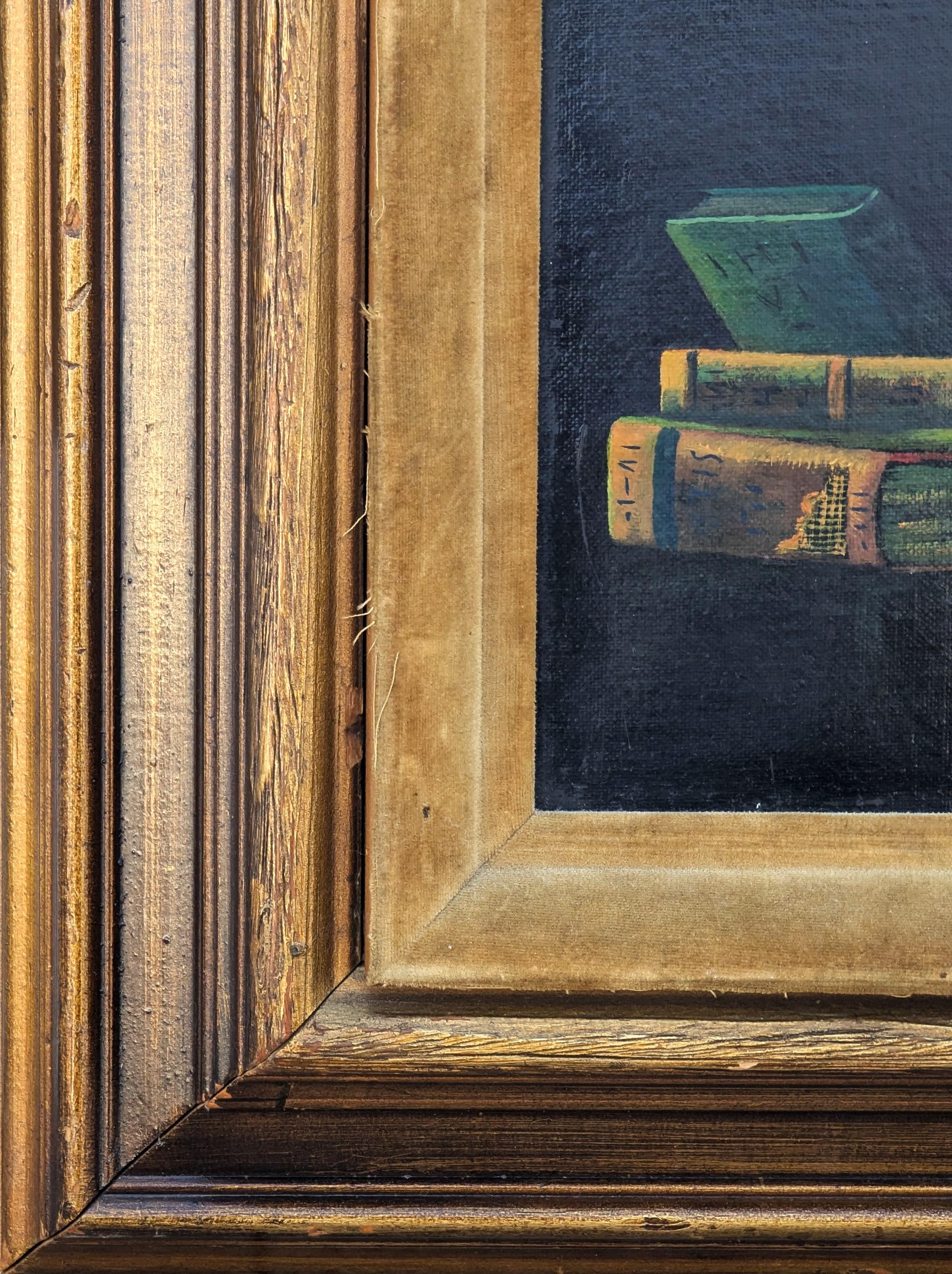 Early Realistic Still Life Painting of Stack of Books Against a Black Background For Sale 3