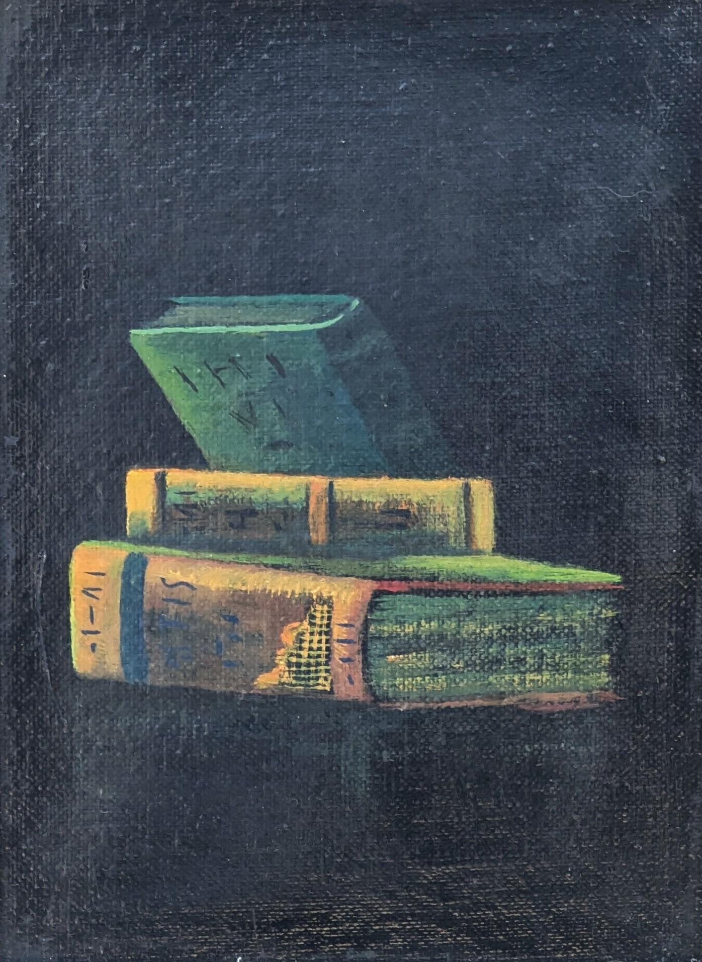 Early Realistic Still Life Painting of Stack of Books Against a Black Background For Sale 4