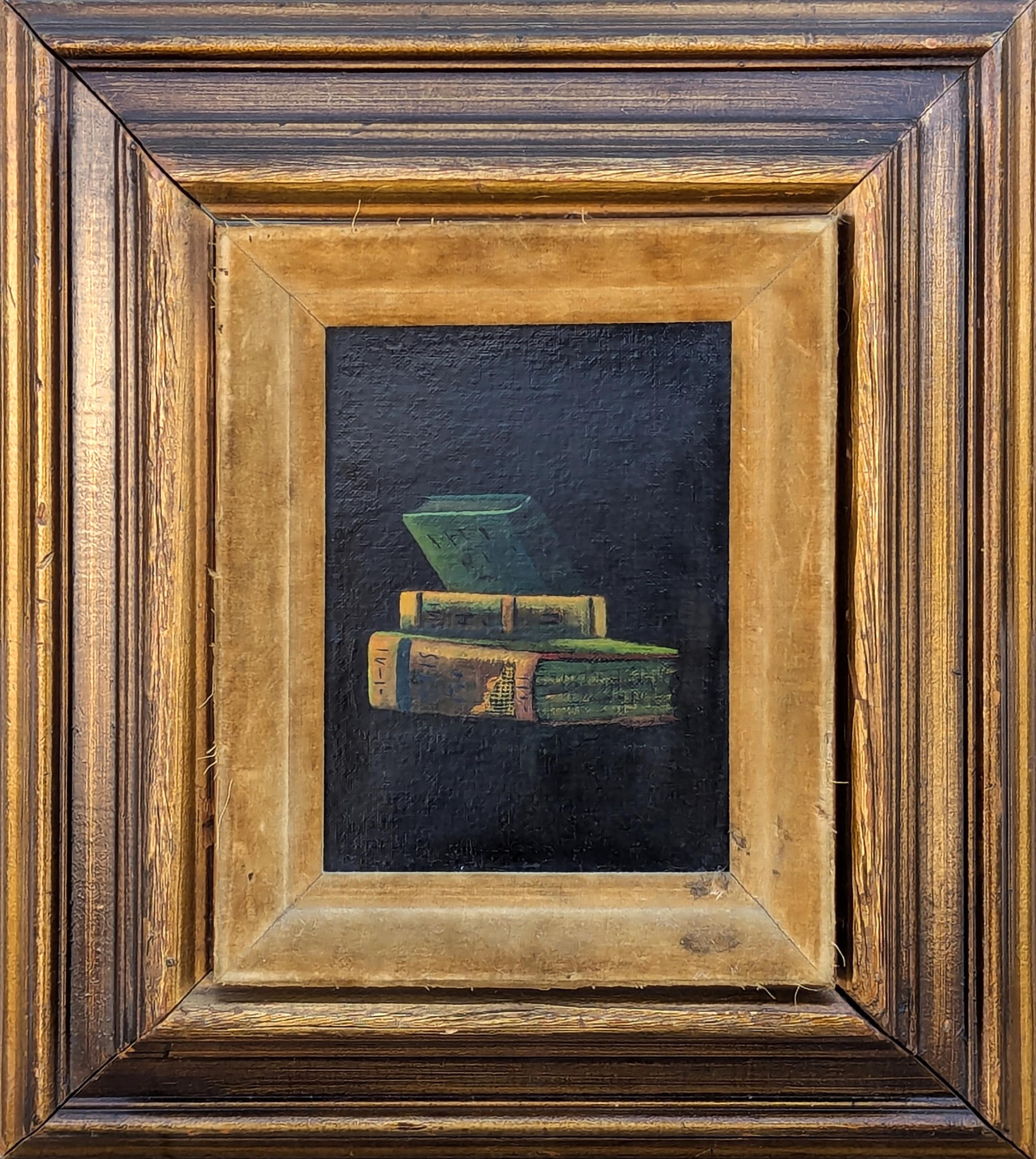 Unknown Interior Painting - Early Realistic Still Life Painting of Stack of Books Against a Black Background