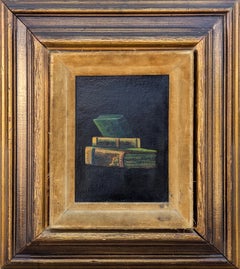 Early Realistic Still Life Painting of Stack of Books Against a Black Background