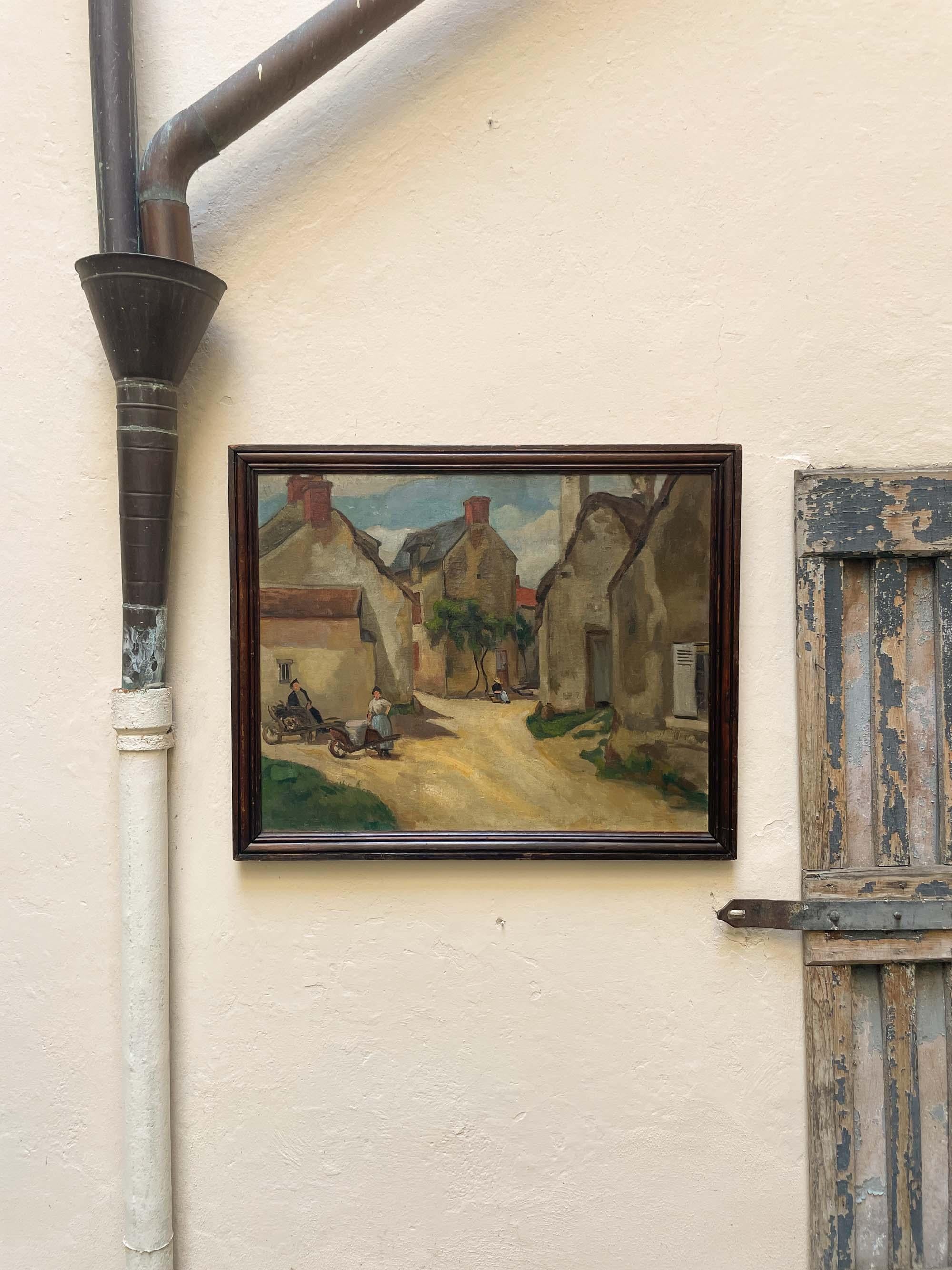 Rustikales französisches Dorf mit Bauern und Weintrauben. Postimpressionistisches Gemälde, Bretagne, um 1900 
Öl auf Leinwand.
72.8 × 89 cm, Original auf Keilrahmen und Leinwand Französisches postimpressionistisches Gemälde, datiert zwischen dem