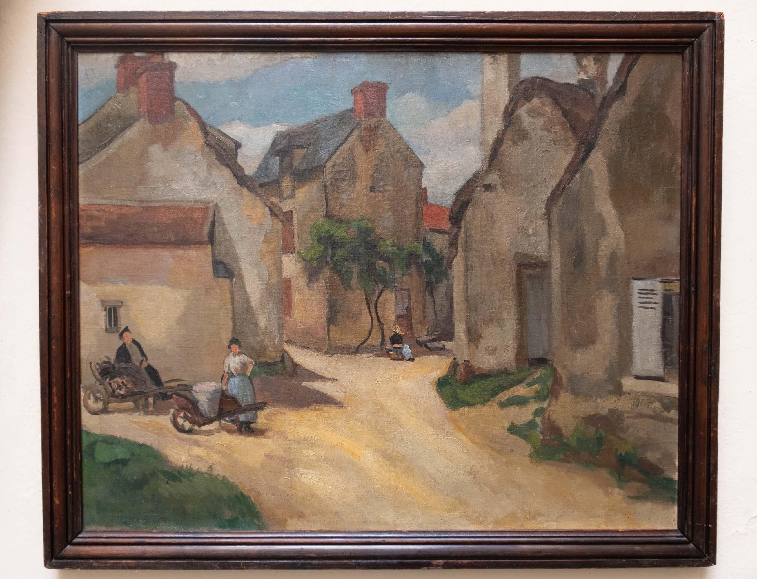 Französischer Post-Impressionismus des frühen 20. Dorf mit Bauern und Trauben.