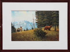 Vintage Earth Toned Naturalistic Colorado Mountain Landscape with Native Bear Hunter 