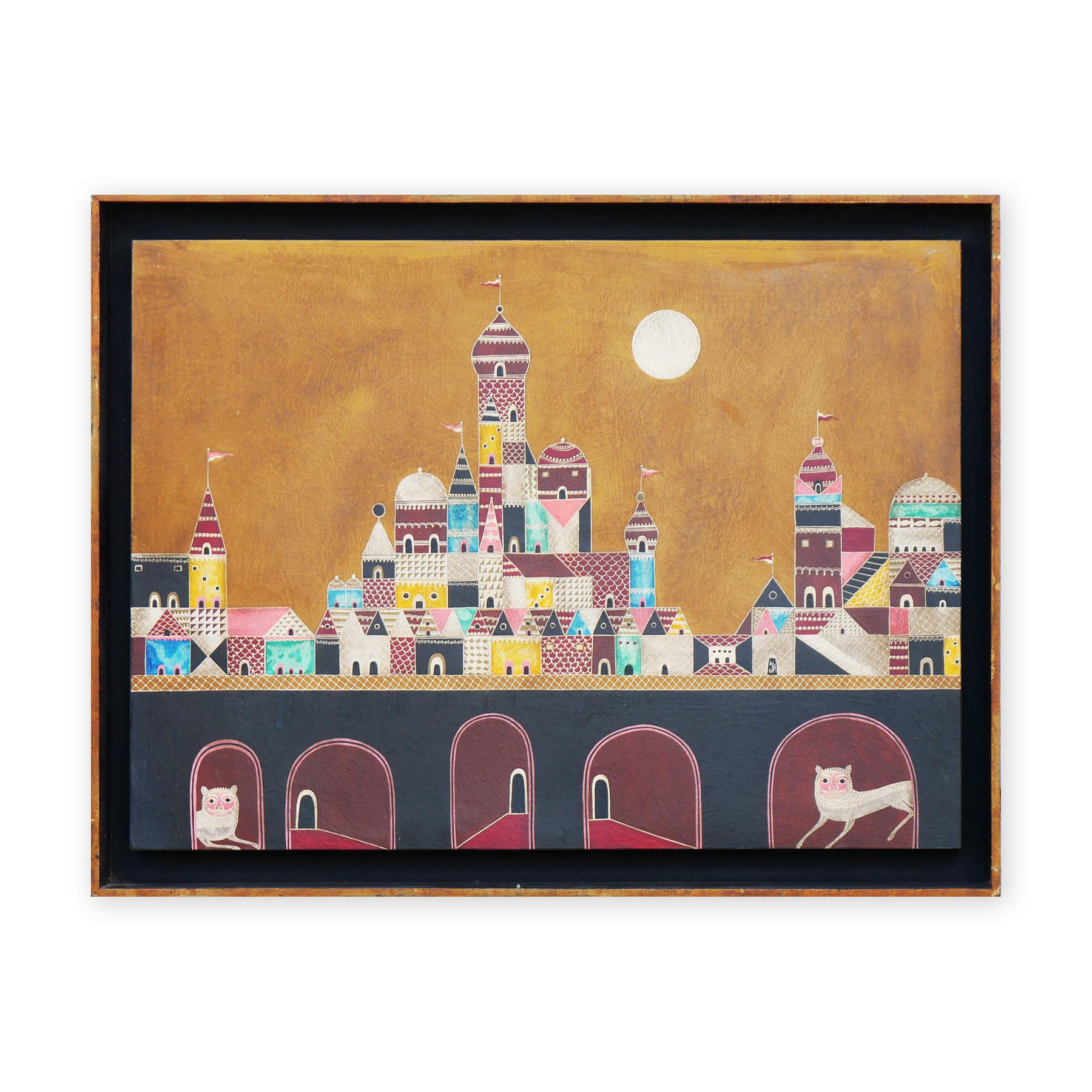 Eastern European inspired abstract landscape painting by an unknown artist. The work features intricately patterned buildings with 