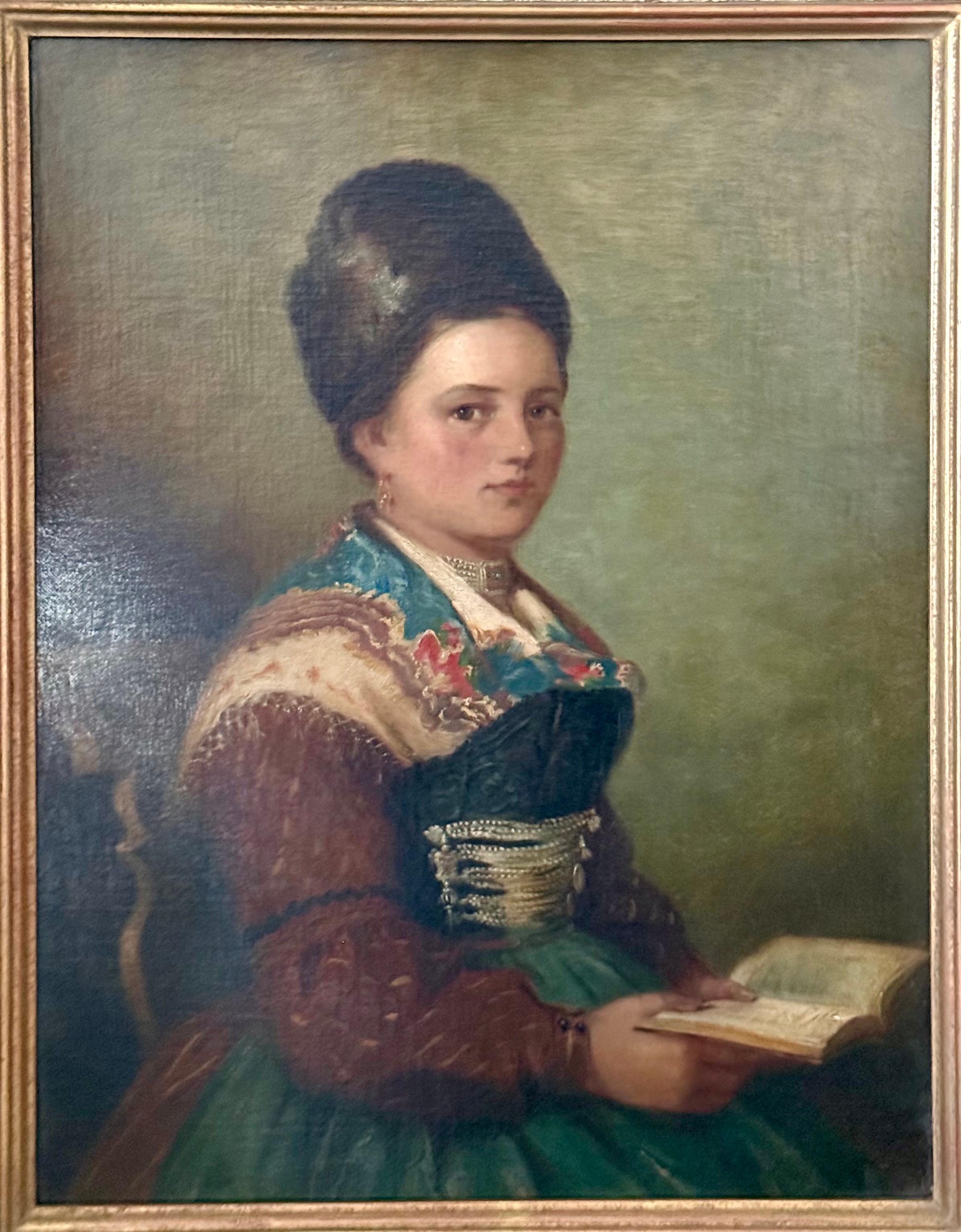 Retrato manierista de Europa del Este, mujer con traje tradicional - Portrait Painting Negro de Unknown