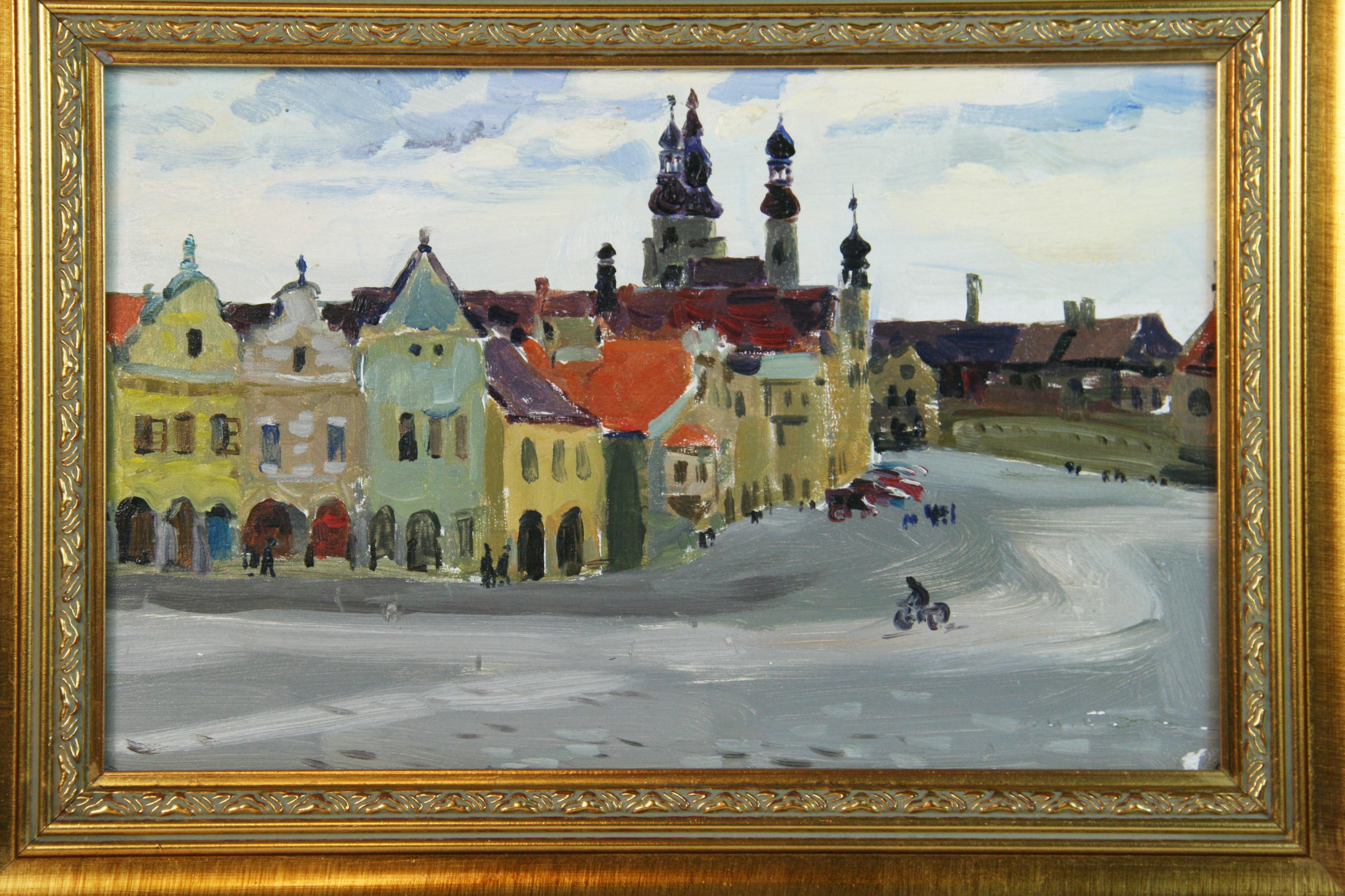 Eastern European Village Scene - Brown Landscape Painting by Unknown