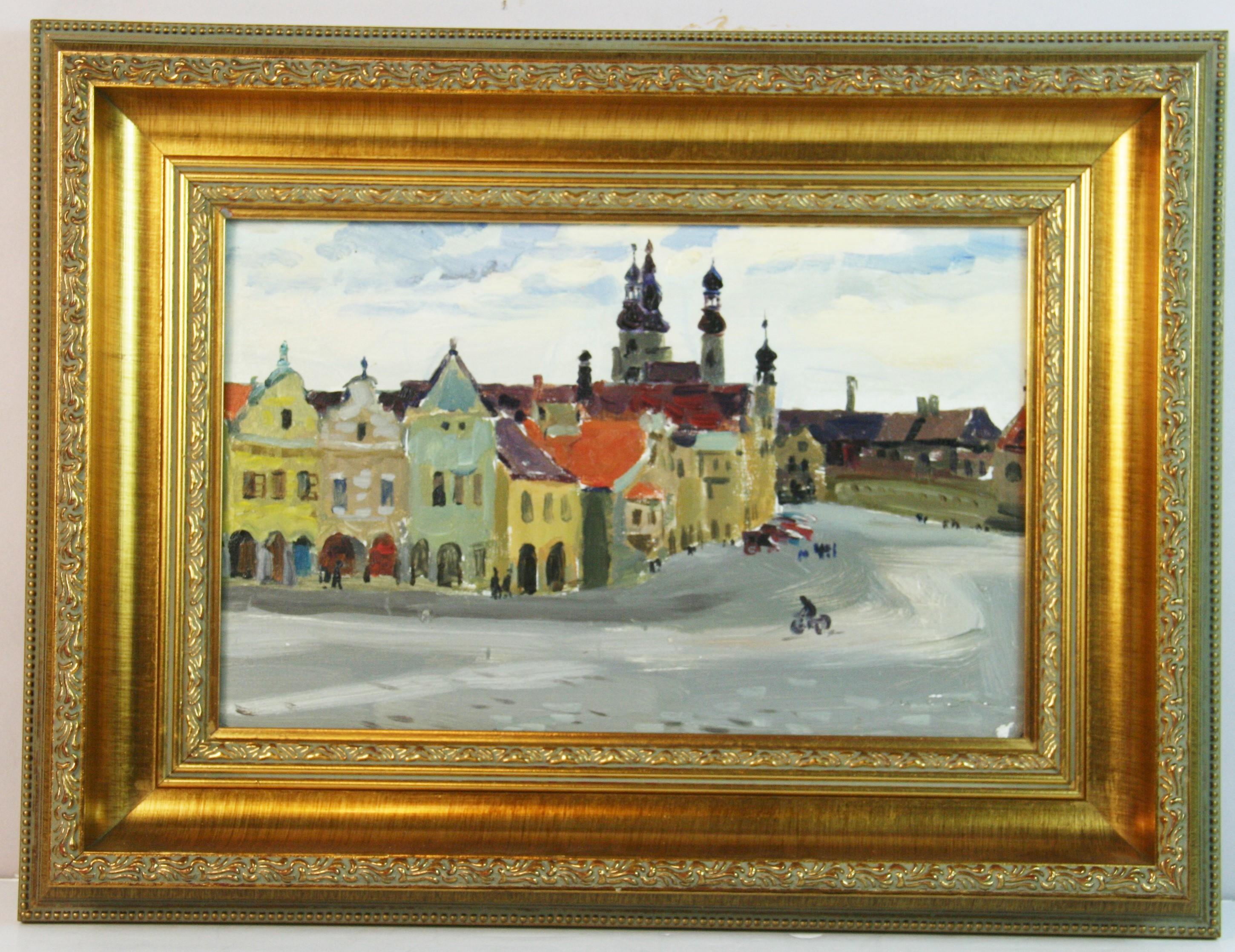 Osteuropäische Dorfszene, Öl auf Leinwand, gerahmt, 1950er Jahre, 13x8,5"