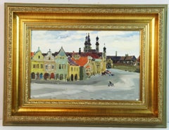 Eastern European Village Scene, Oil on Canvas, Framed, 1950s, 13x8.5"