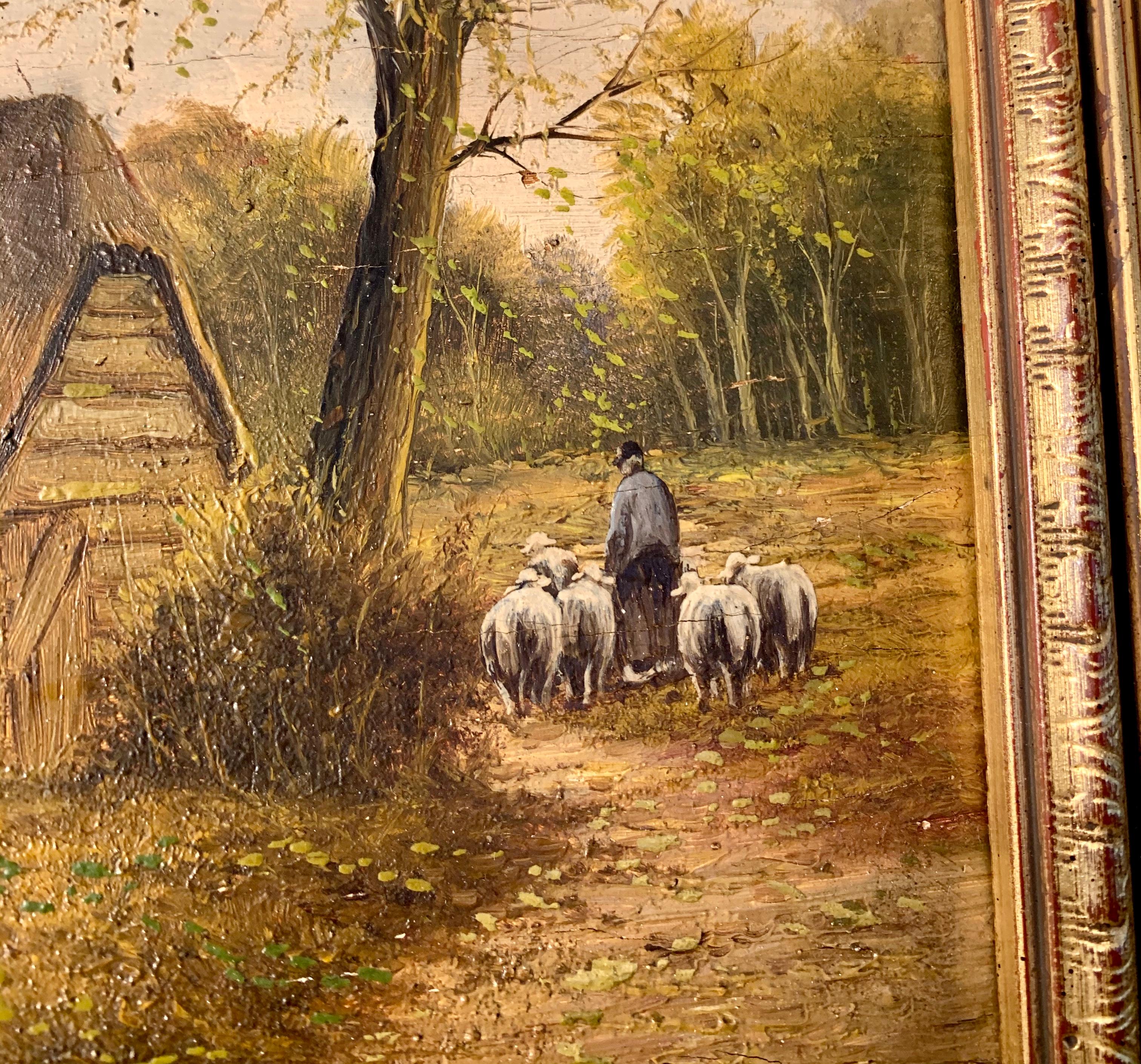 Ecole de Barbizon - Petite French Framed Oil Painting Shepherd and his flock 2