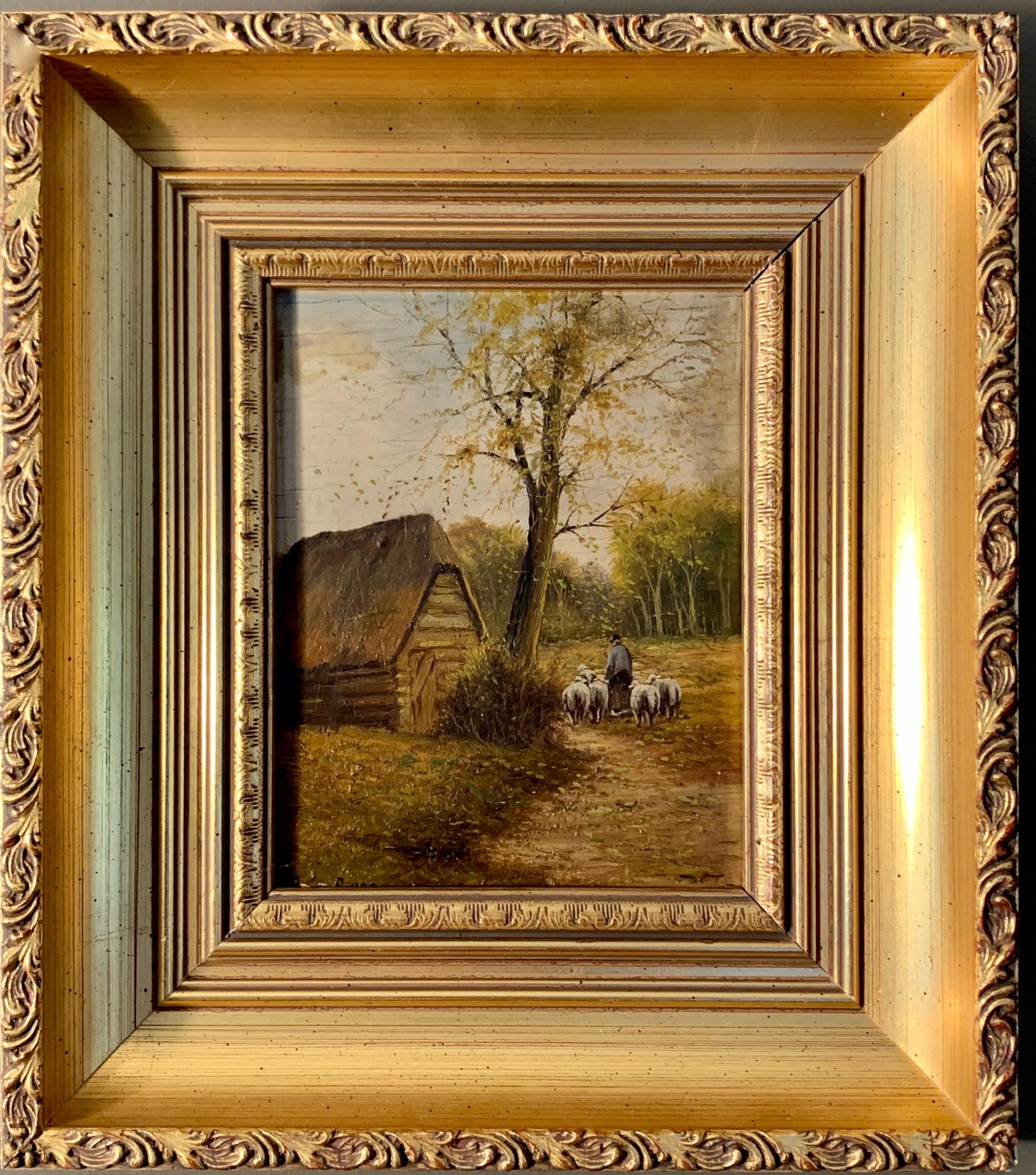 Unknown Landscape Painting - Ecole de Barbizon - Petite French Framed Oil Painting Shepherd and his flock