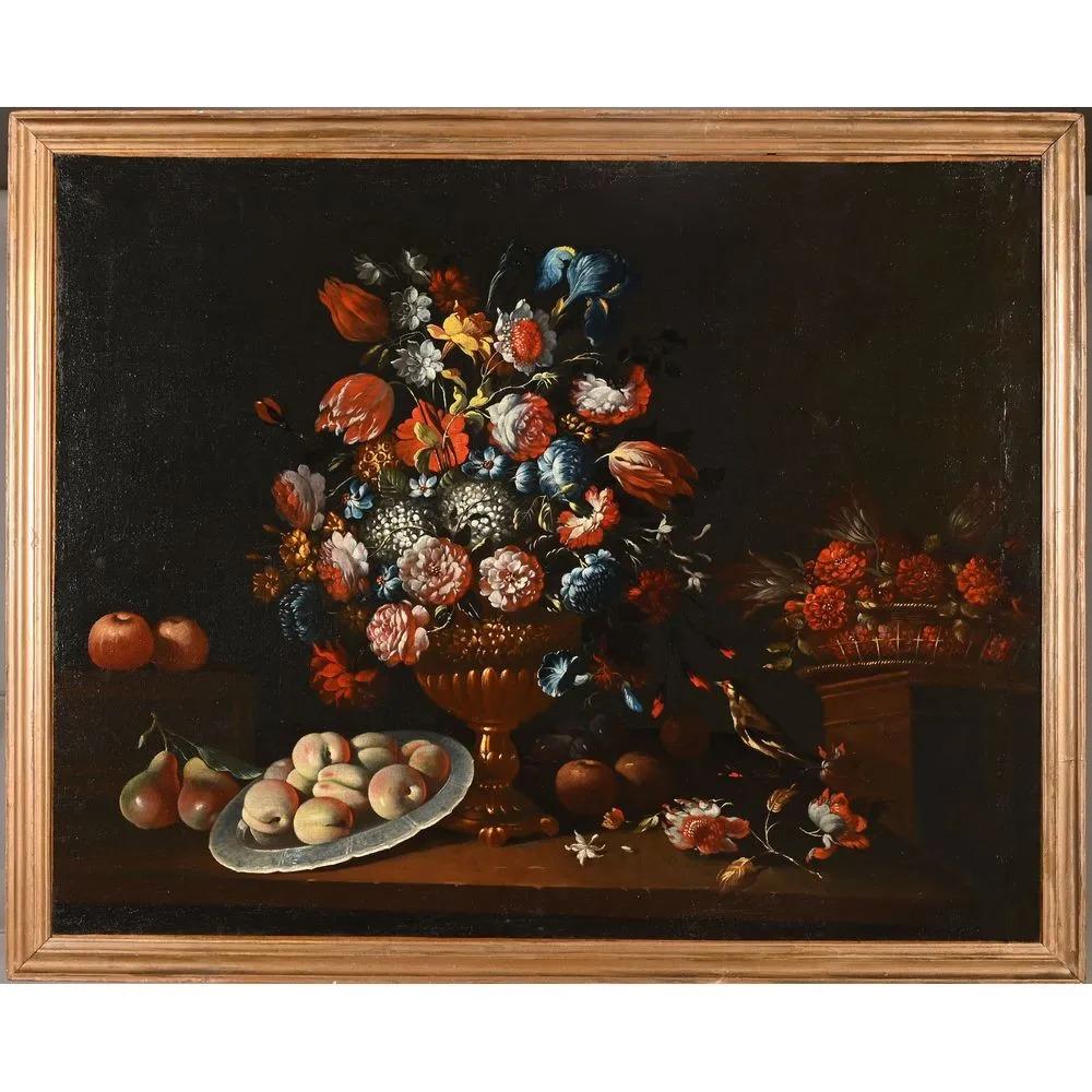 Unknown Still-Life Painting - école Française Du XVIIIè "Nature morte au vase de fleurs, à la coupe de fruits"