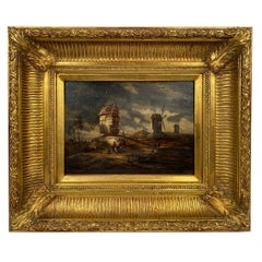 Ecole hollandaise du XIXe, "Paysage animé aux moulins". Huile sur panneau