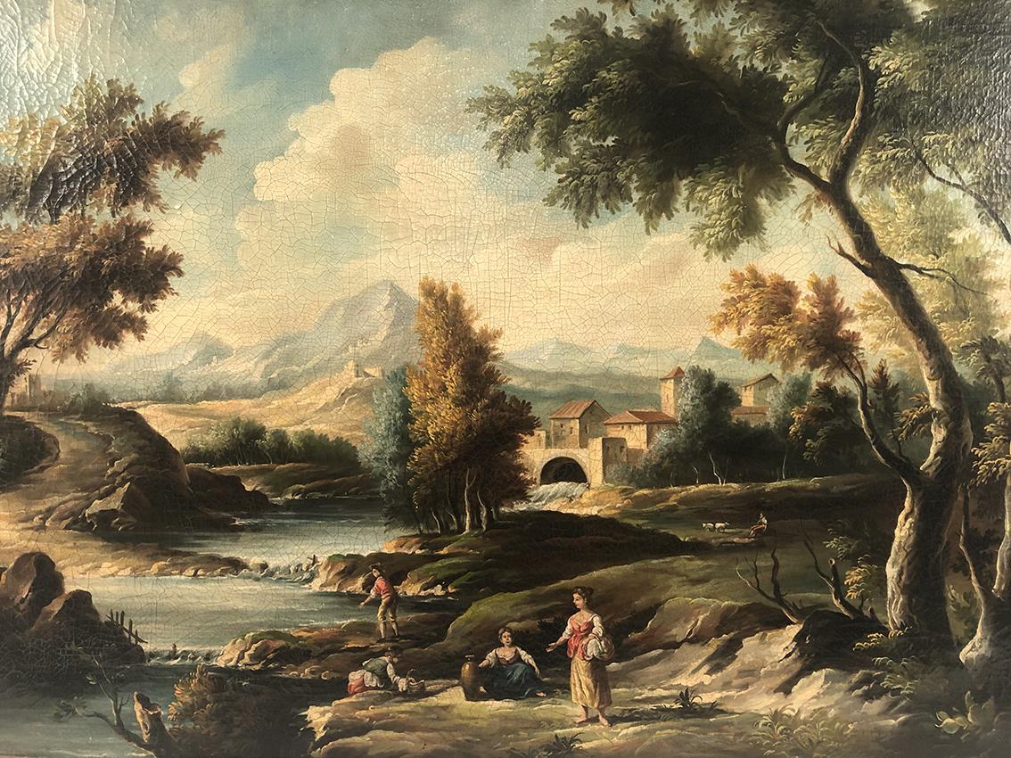 Ecole italienne, grande huile sur toile dans le goût du XVIIIe. Paysage animé - Painting by Unknown