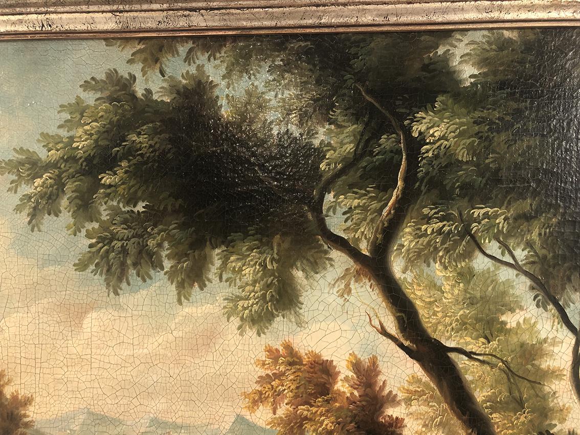Ecole italienne, grande huile sur toile dans le goût du XVIIIe. Paysage animé For Sale 1
