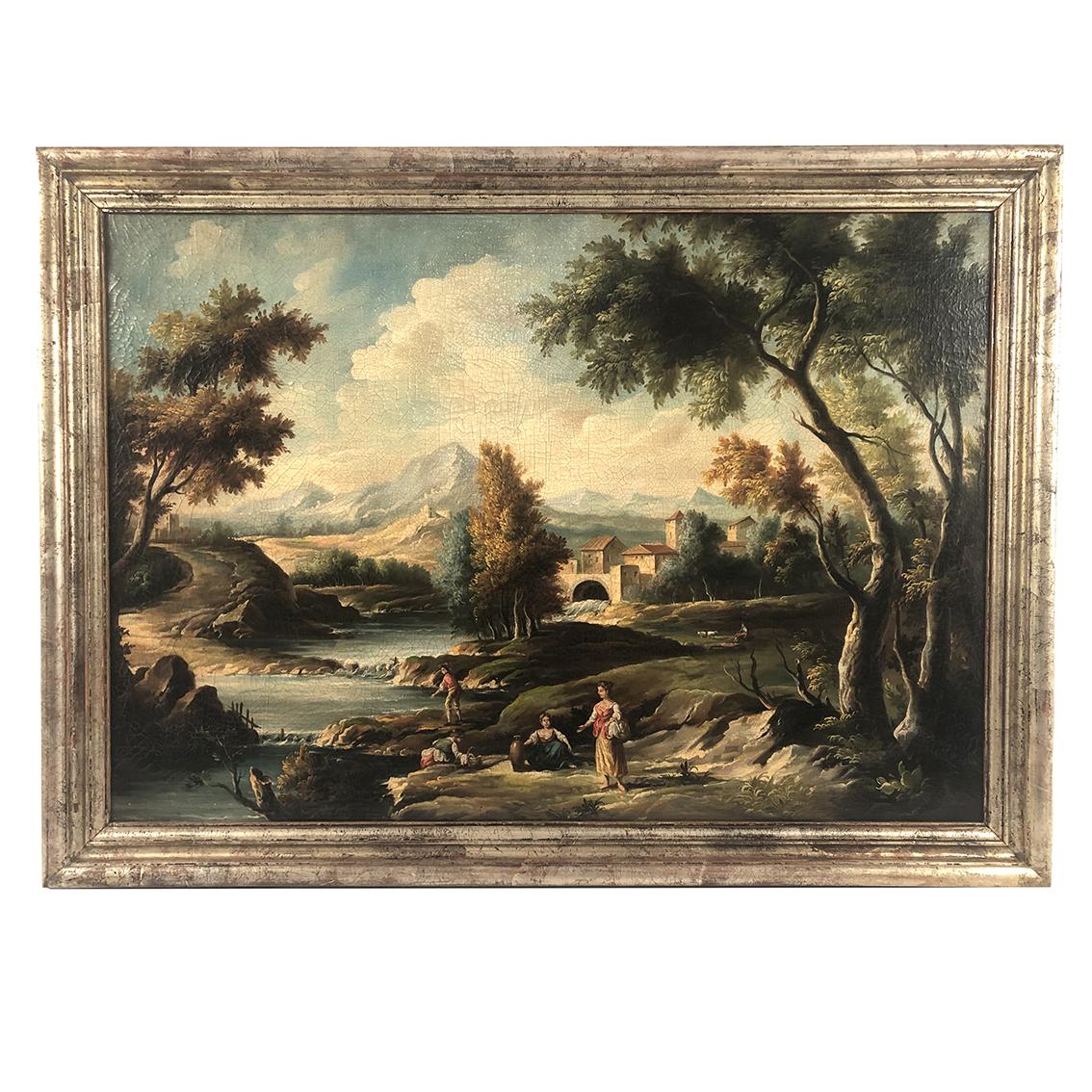 Unknown Landscape Painting - Ecole italienne, grande huile sur toile dans le goût du XVIIIe. Paysage animé