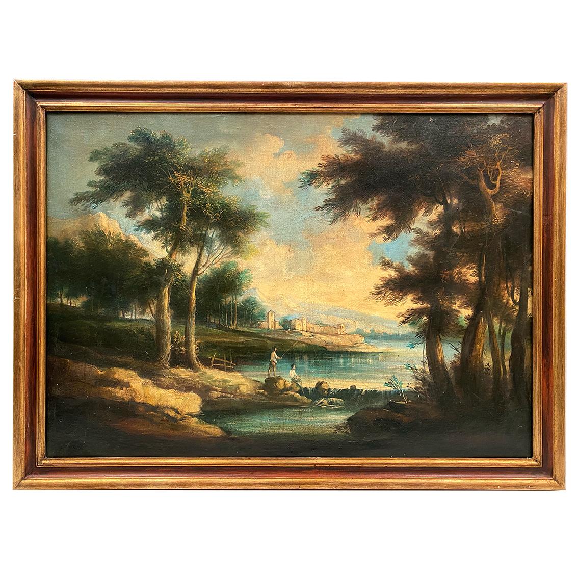 Unknown Landscape Painting - Ecole italienne XXe dans le goût du XVIIIe. Huile sur toile, “Paysage animé”.