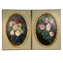 Ecole lyonnaise XIXe, paire d’huiles sur toile. “Branches de roses” datée 1889