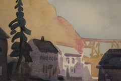 "Eddyville" Watercolor Small Town Landscape Signed Mais