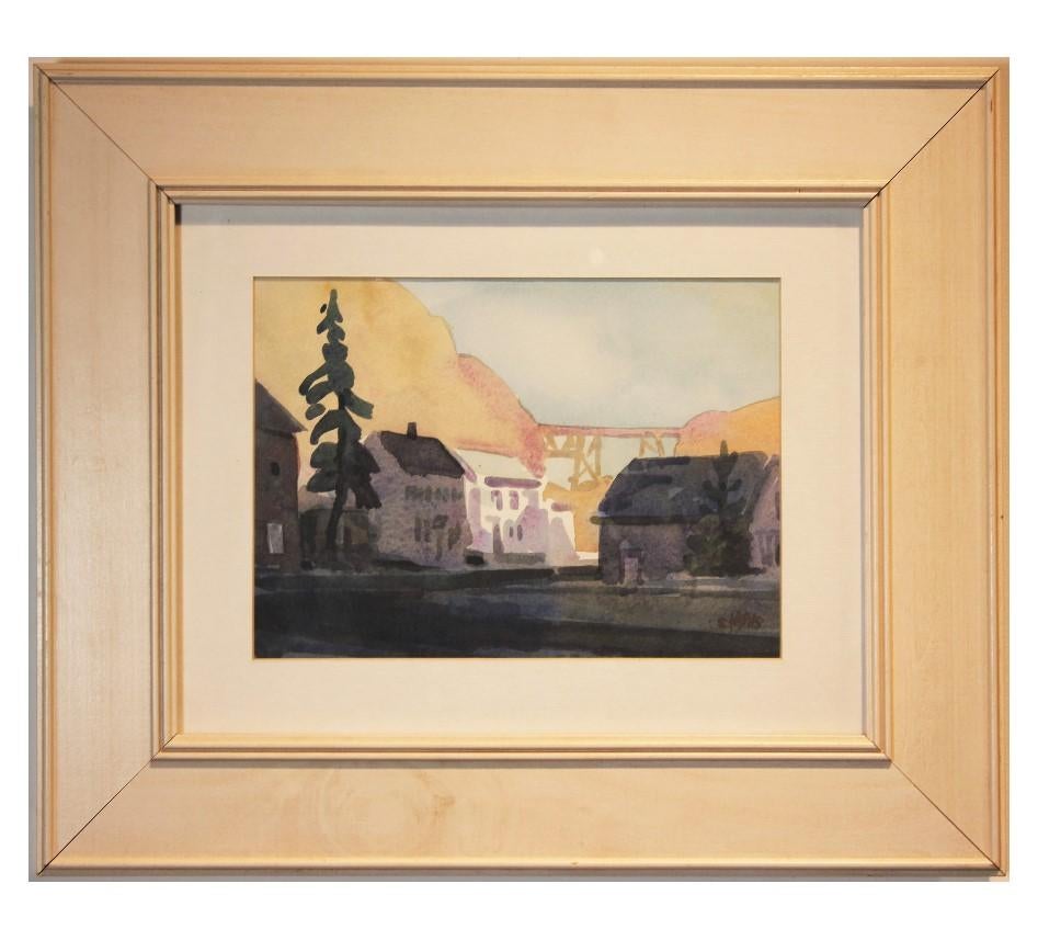 Landscape Painting de Unknown - "Eddyville" Paisaje de pueblo pequeño en acuarela Firmado Mais