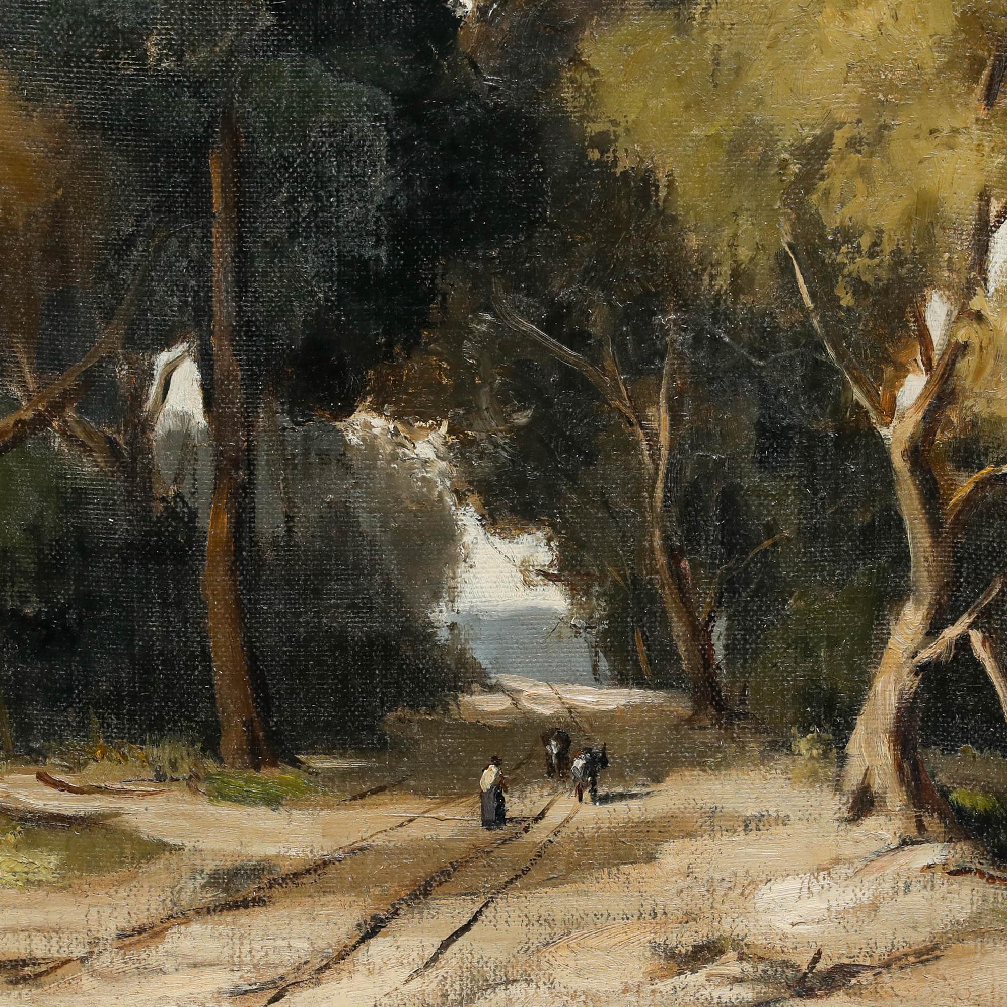 Un incantevole paesaggio rurale di Edgar Oehlmeyer (1906-1967), che raffigura una serena scena di bosco con alberi imponenti resi in tonalità di marrone dorato e verde intenso. La composizione attira l'occhio dell'osservatore attraverso la radura