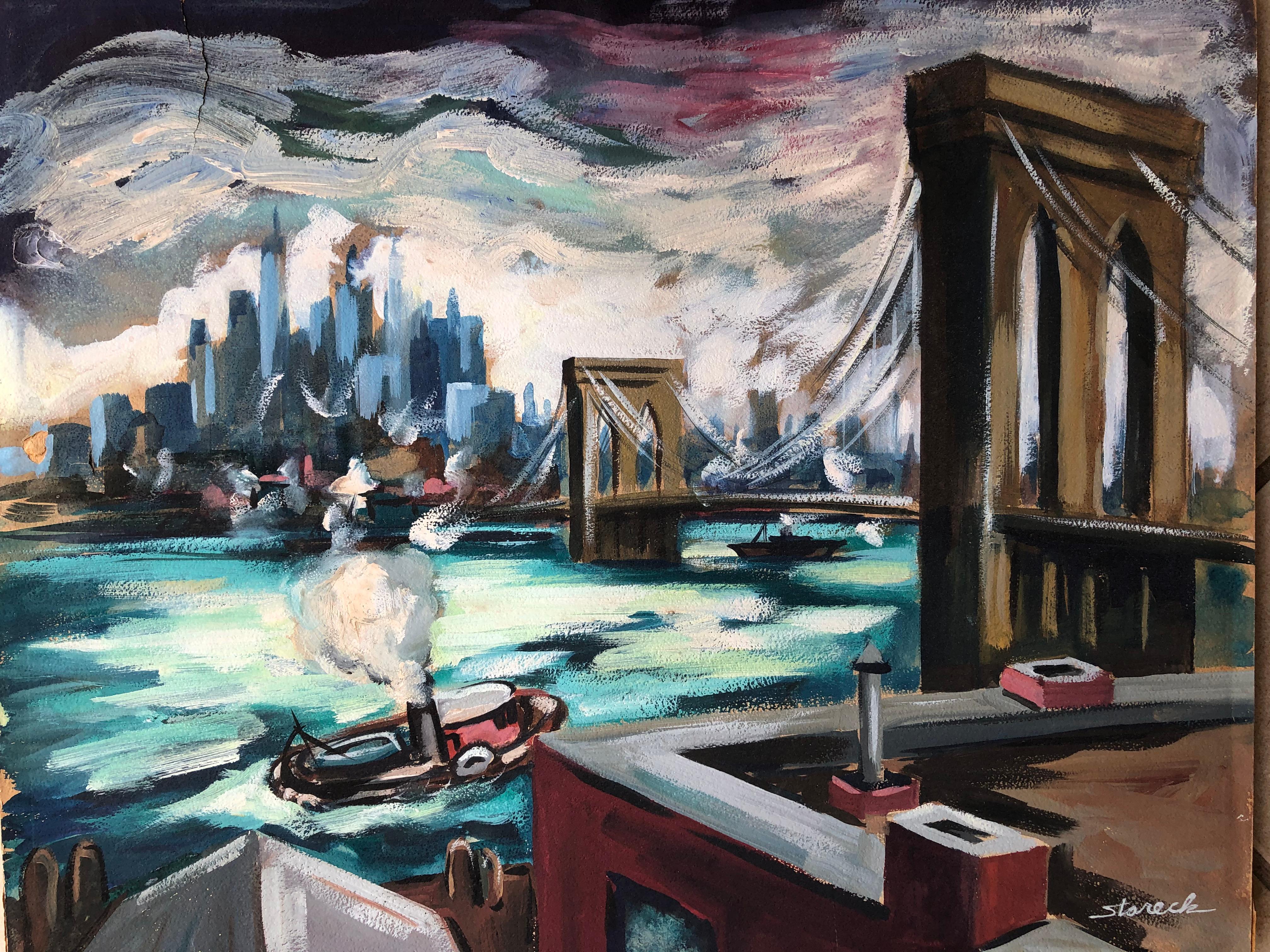 Unknown Landscape Painting - Edgar Stareck Brooklyn Bridge