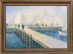 Edgartown, Martha's Vineyard Pittura ad olio impressionista incorniciata con scena di spiaggia e darsena