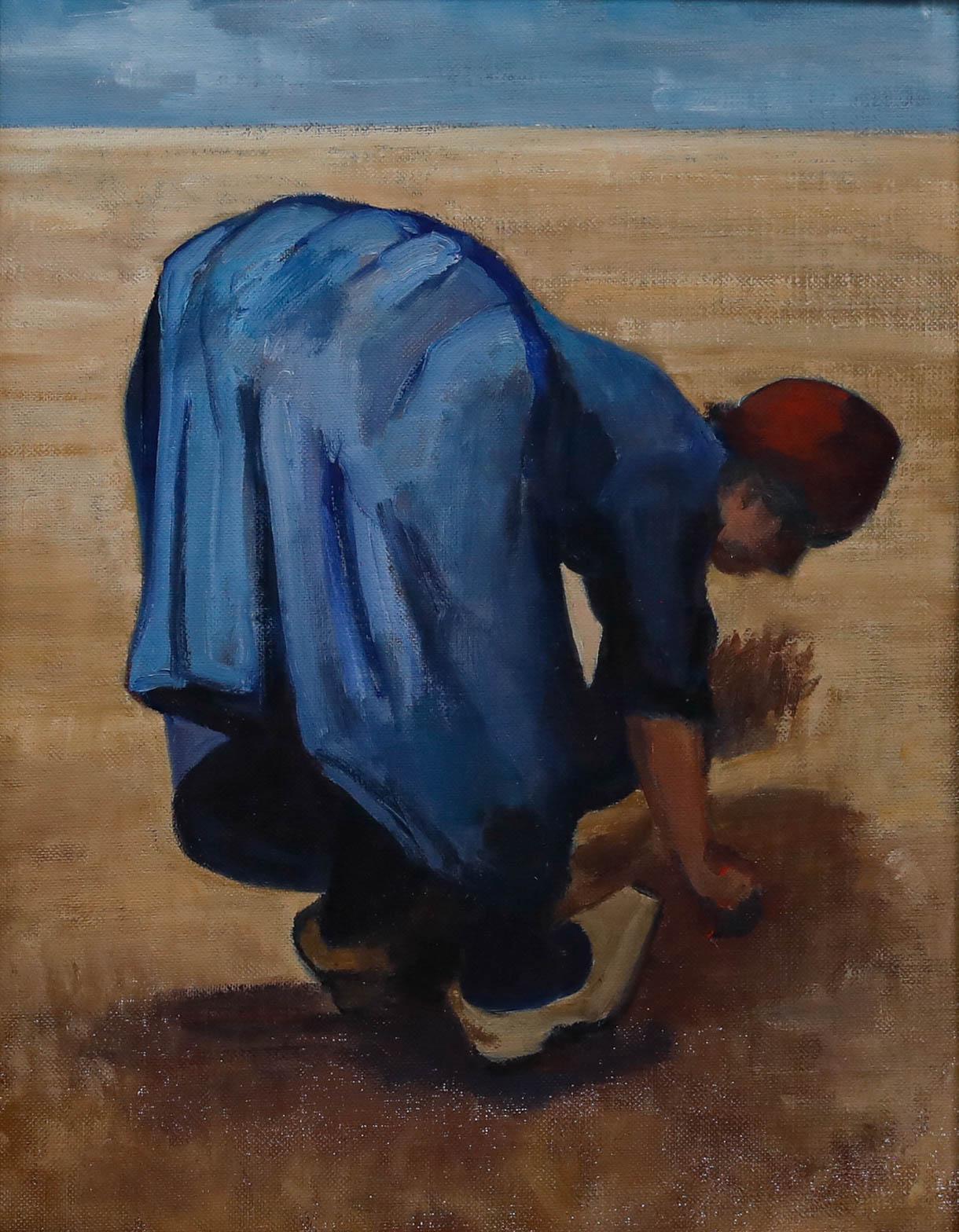 Edna Rushton dopo Van Gogh - 1983 Olio, Donna che raccoglie - Painting di Unknown